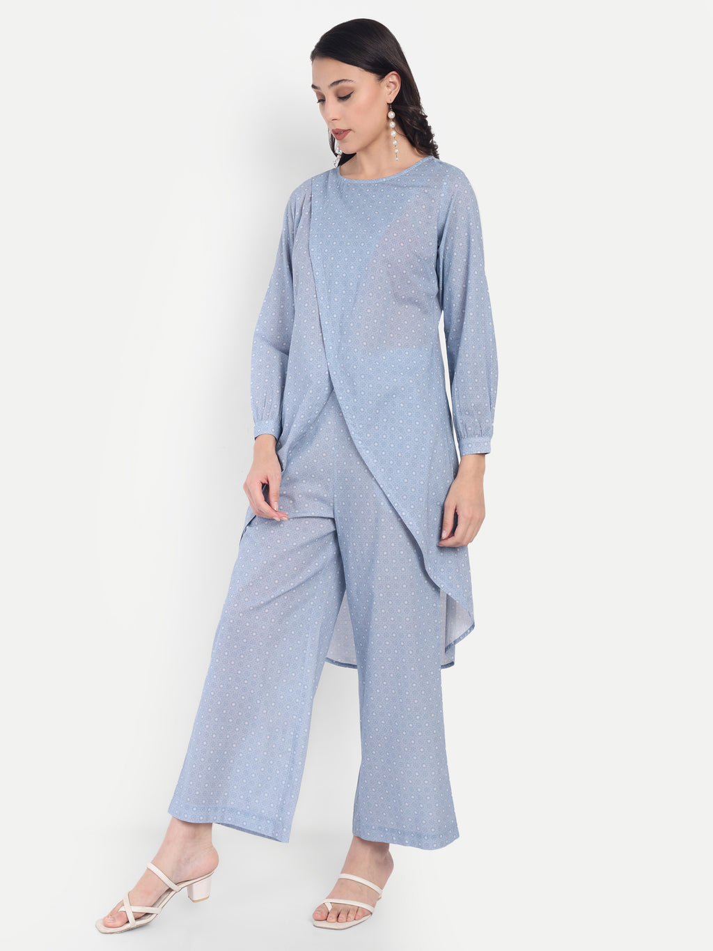 Women's Blue Dotted Printed Ethnic Co-ord Set | Asymmetrical Long Kurta with Wide-Leg Pants