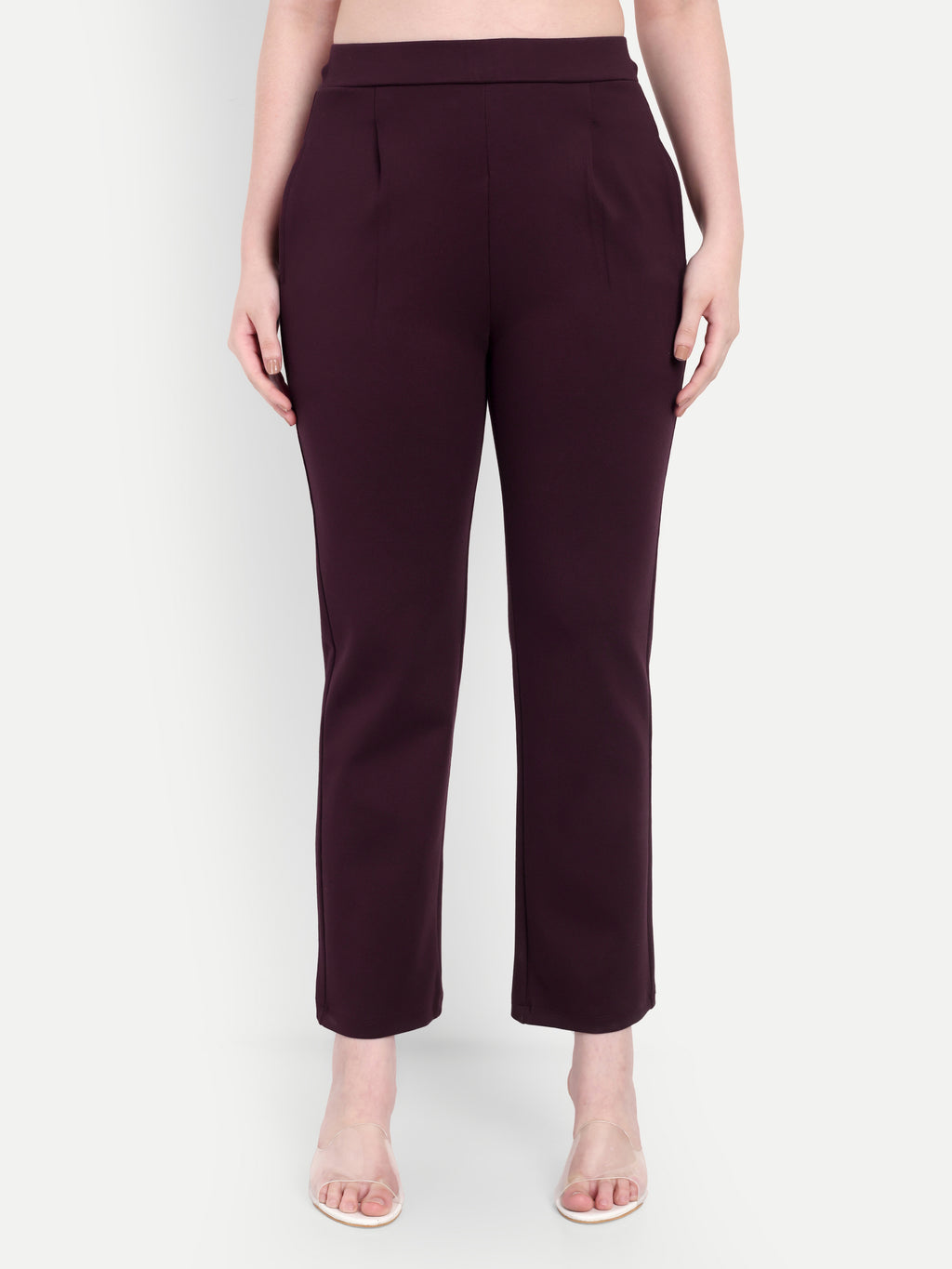 Women's Maroon Slim-Fit Cigarette Pants – Mid-Rise | Formal & Casual Wear