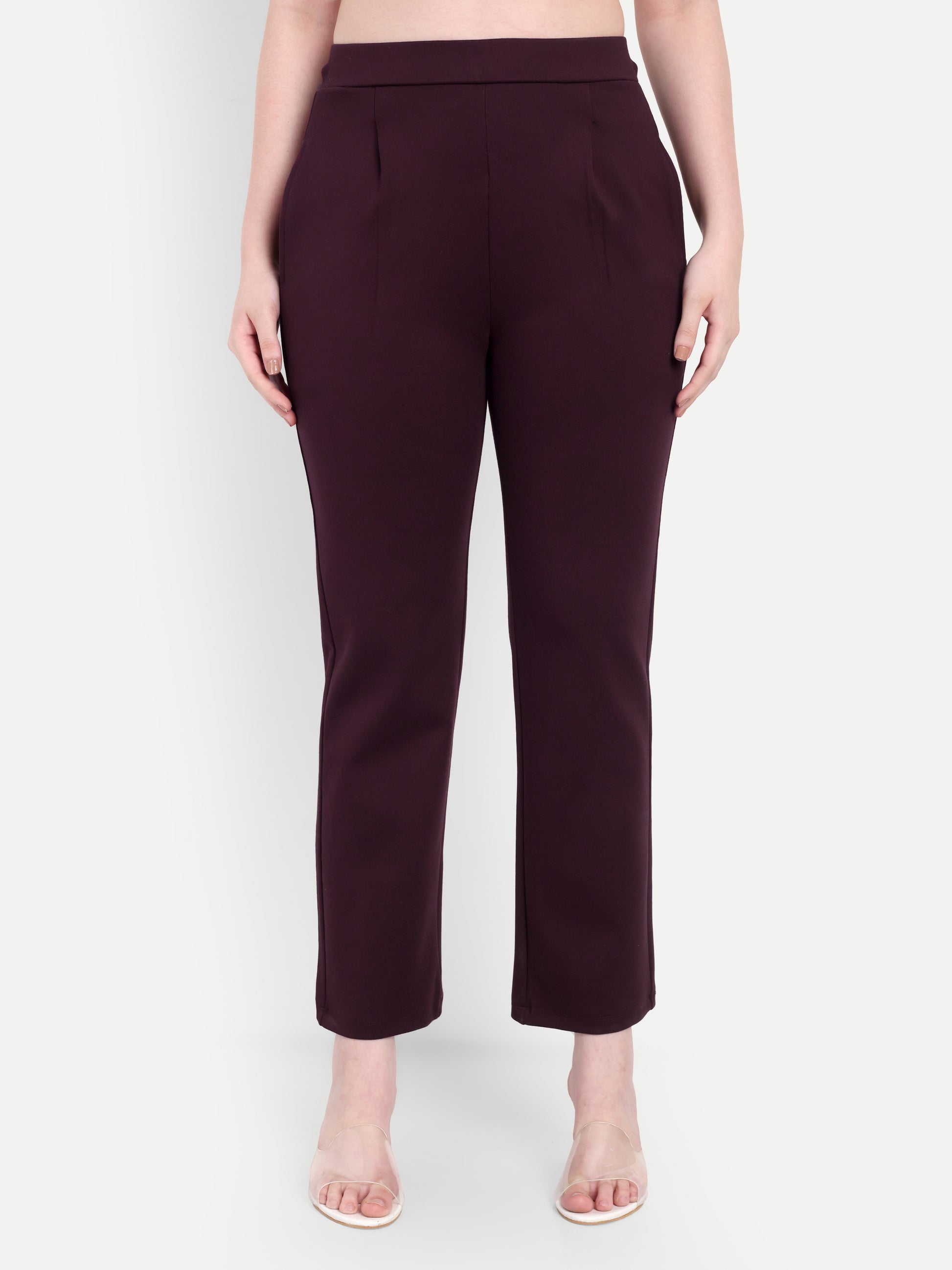 Women's Maroon Slim-Fit Cigarette Pants – Mid-Rise | Formal & Casual Wear