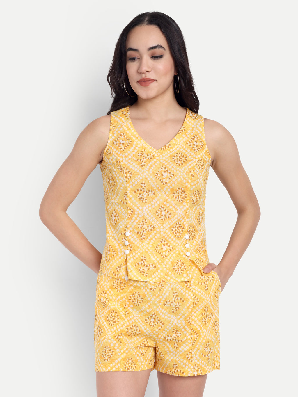 FairLeaf Women's Top and Short Set – |100% Pure Cotton | Lightweight Relaxed Fit Sleeveless Yellow Top & Short– Stylish Casual Summer  for Women