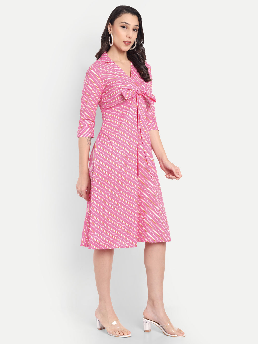 Women's Pink Striped Knee-Length Dress | Front Knot Detail | Casual & Party Wear