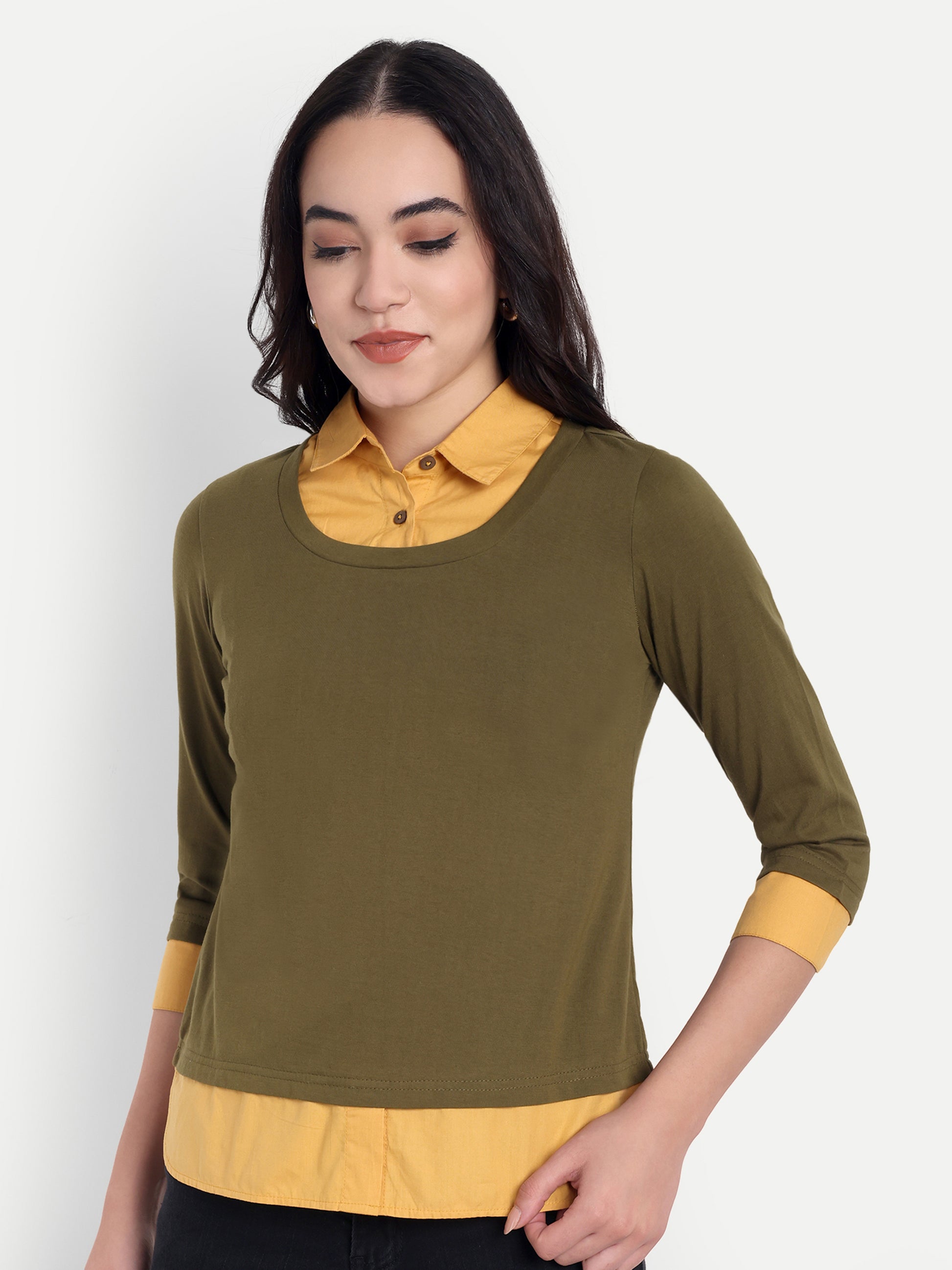 Women's Olive Layered Look Top with Orange Shirt Collar & 3/4 Sleeves