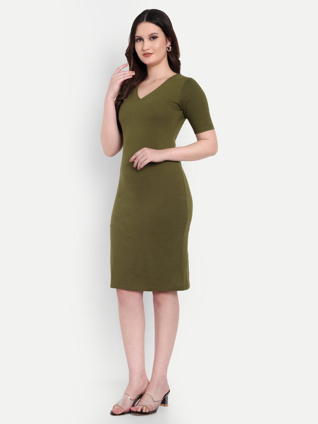 Women's Olive Green Bodycon Midi Dress | V-Neck | Half Sleeve | Casual & Office Wear