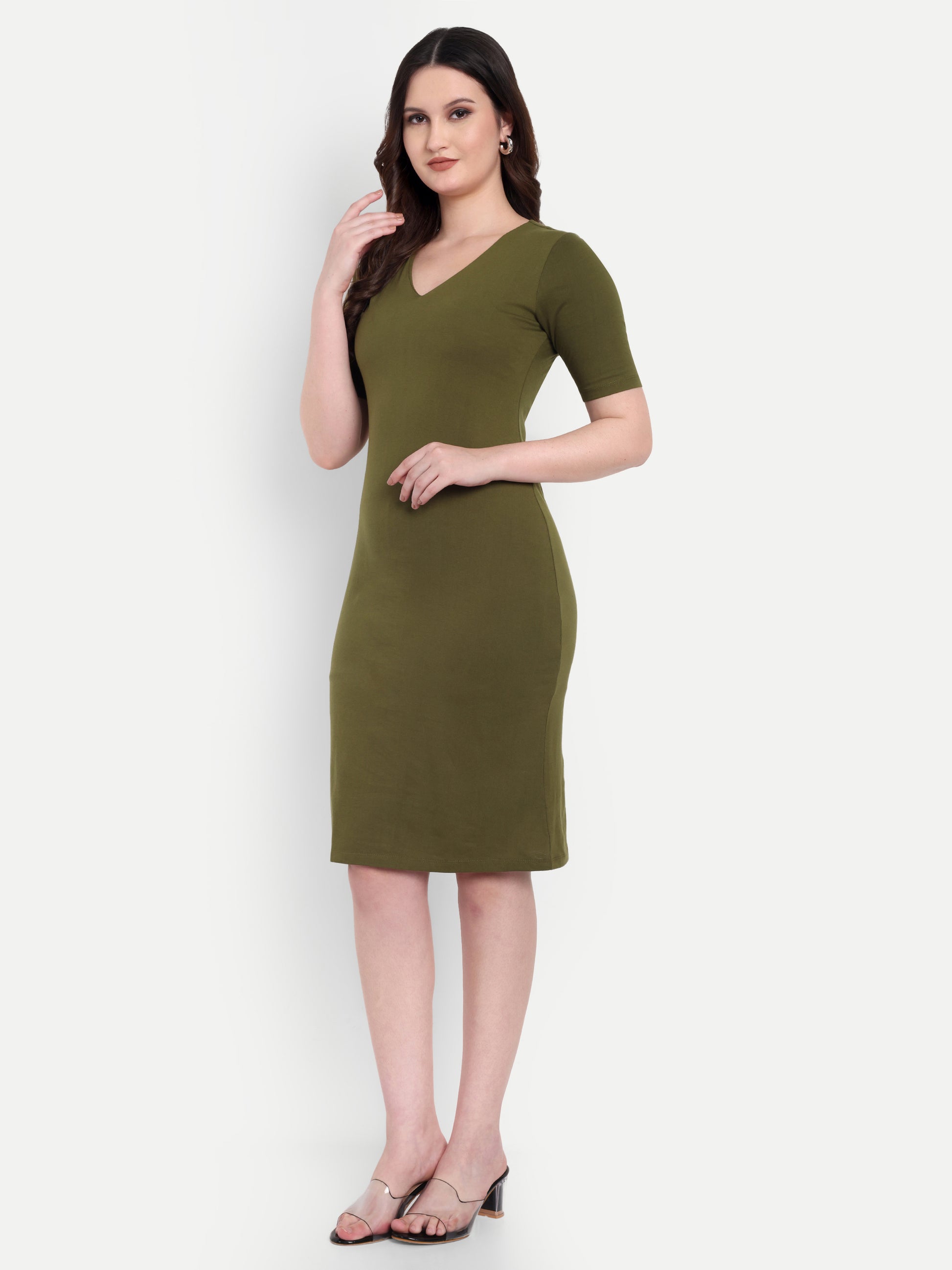 Women's Olive Green Bodycon Midi Dress | V-Neck | Half Sleeve | Casual & Office Wear