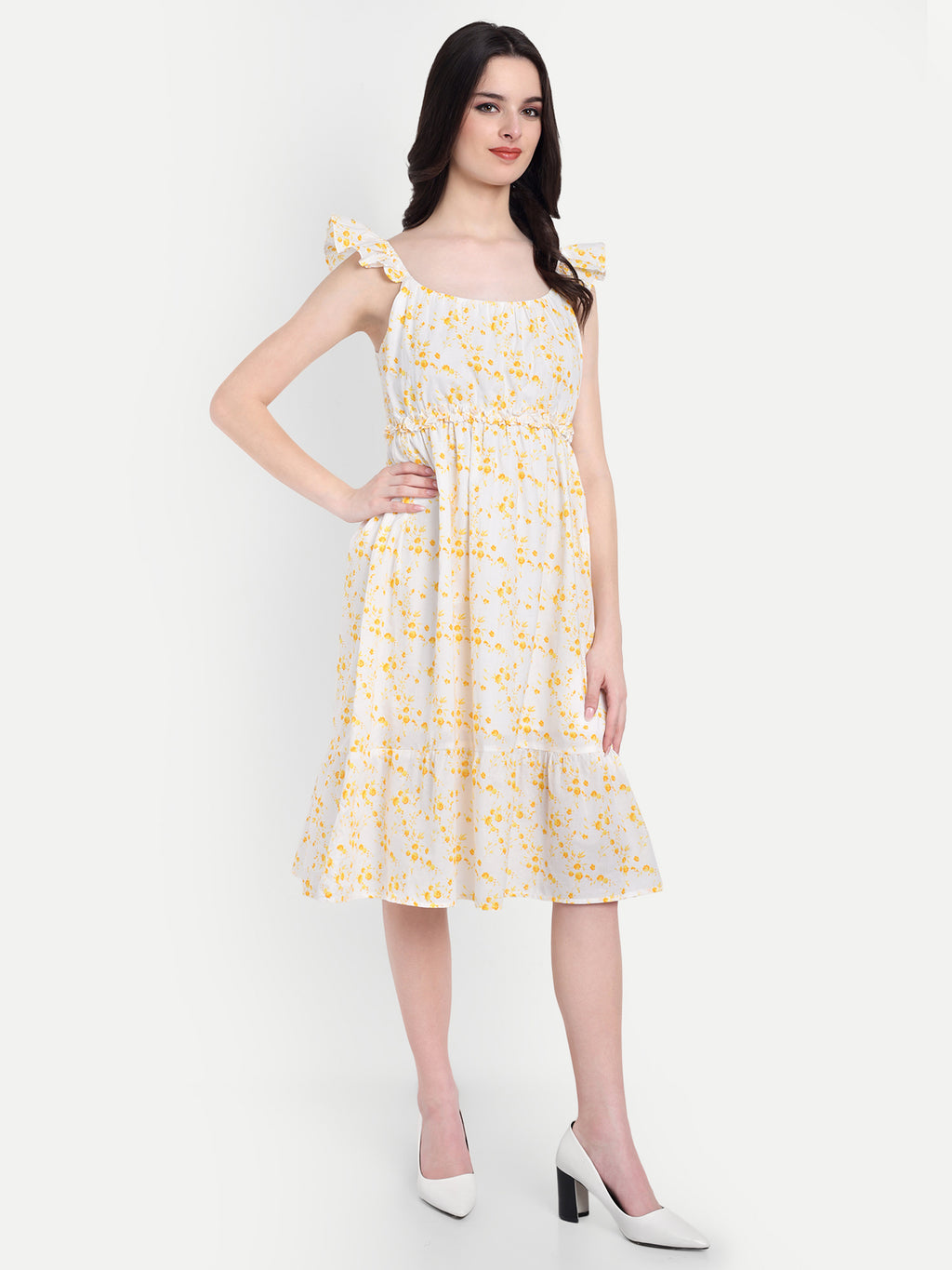 Women's Yellow Floral Midi Dress | Sleeveless Ruffle Straps | Elegant Casual & Summer Wear