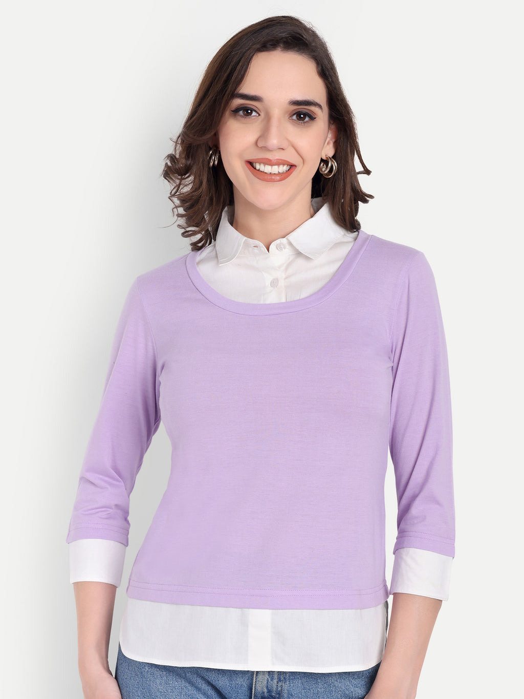 Women's Purple Layered Look Top with white Shirt Collar & 3/4 Sleeves