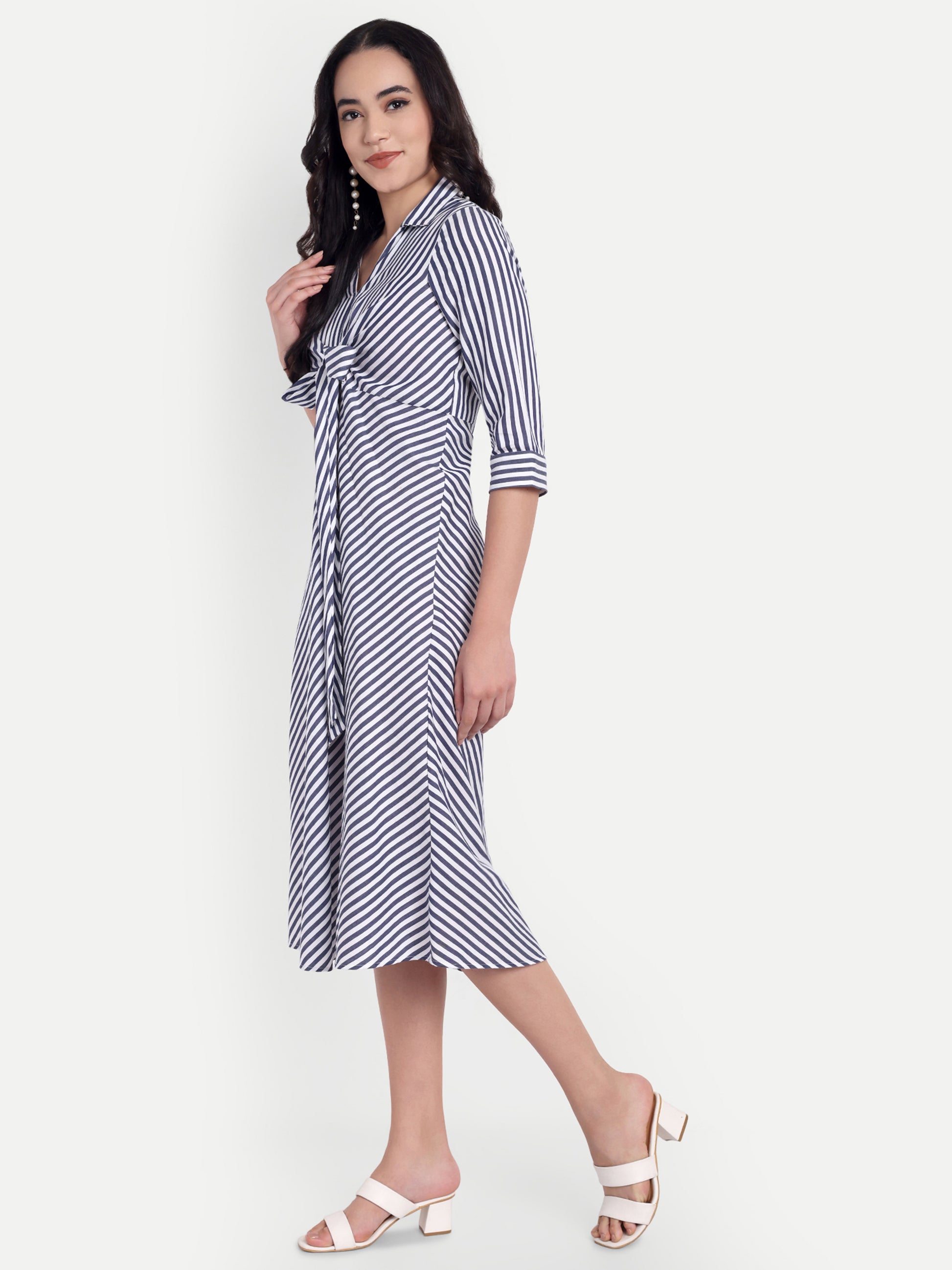 Women's Black and White Striped Knee-Length Dress | Front Knot Detail | Casual & Party Wear