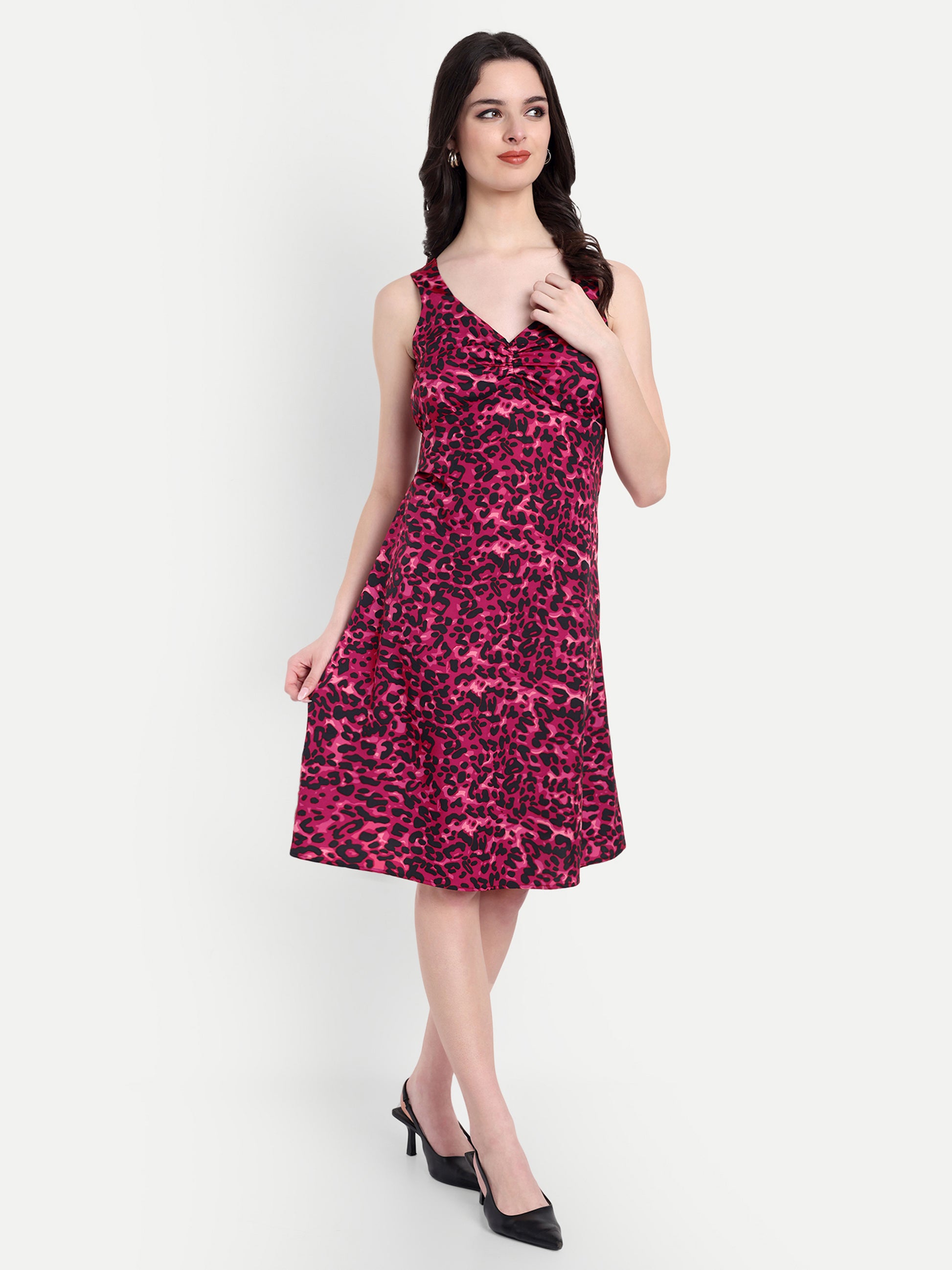 Women's Red Sleeveless A-Line Mini Dress | Elegant Textured Party Wear