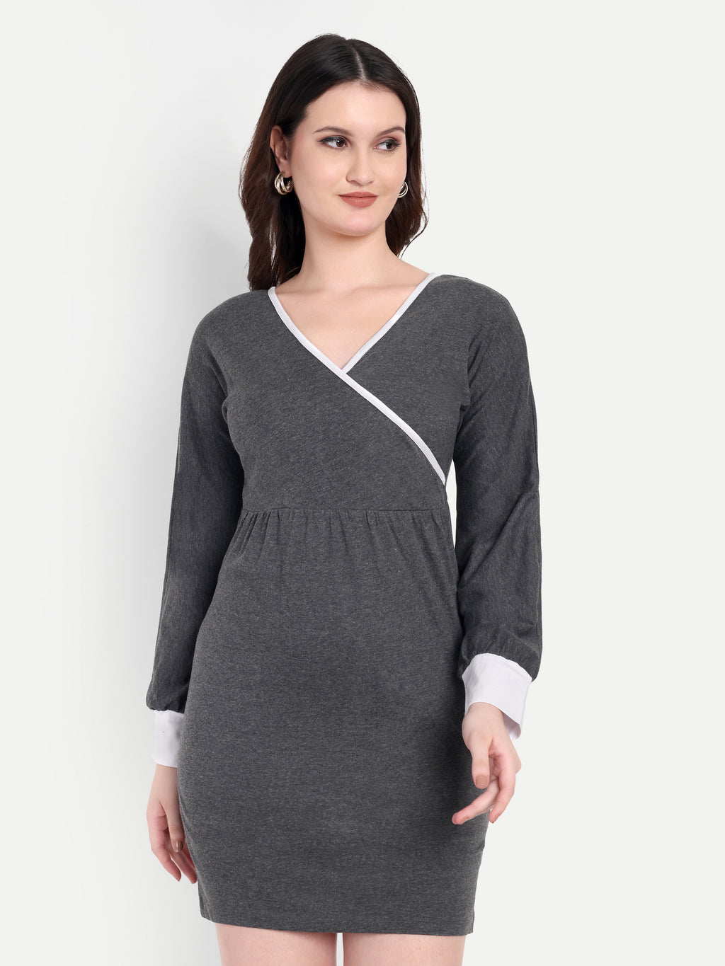 Women's GreyBodycon Mini Dress | V-Neck | Long Sleeve | Casual & Party Wear