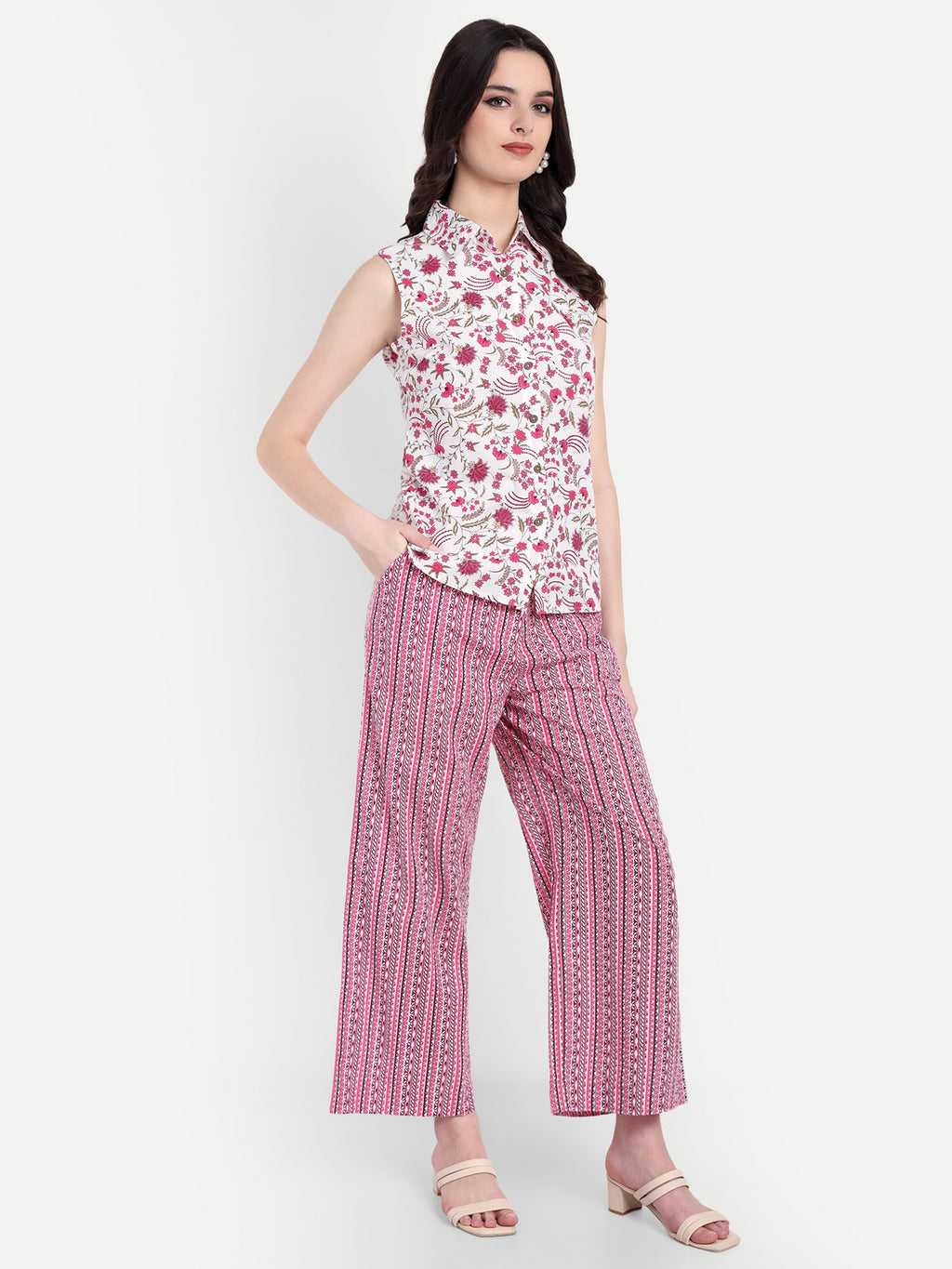Women's Pink Floral Sleeveless Shirt with Pink Printed Wide-Leg Pants | Comfortable Summer Co-ord Sets