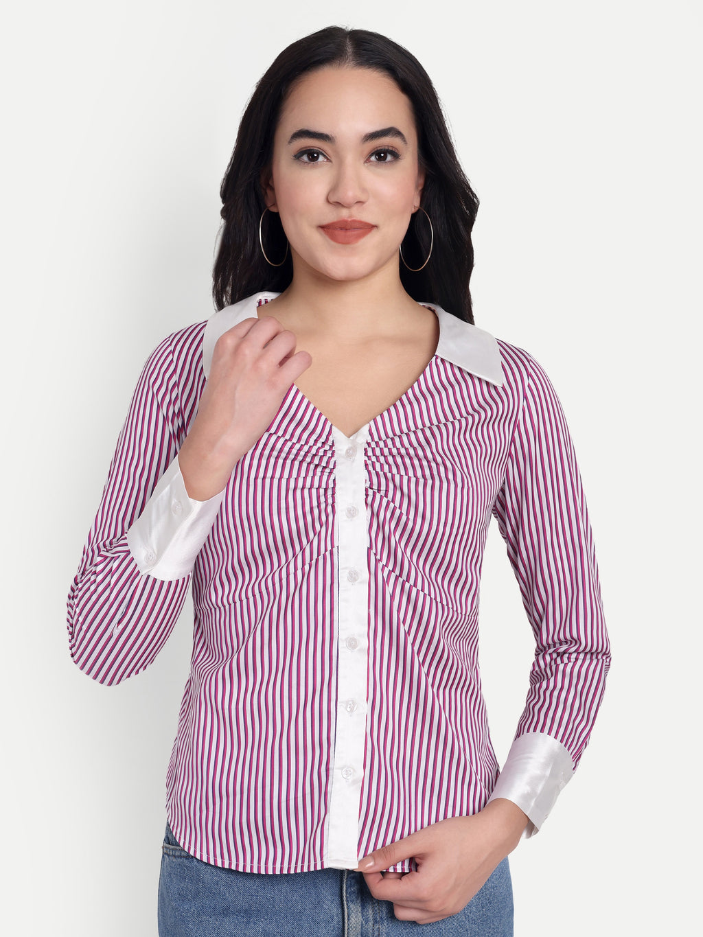 Women's Navy Purple & White Striped Button-Down Shirt – Long Sleeve | Smart Casual & Office Wear (Copy)
