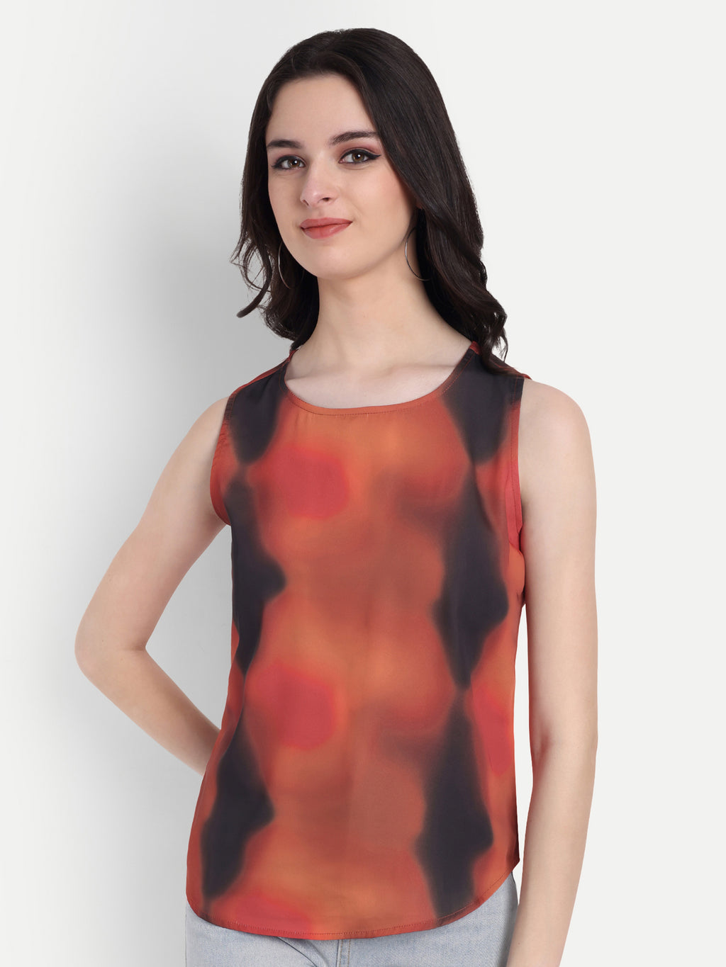 Women's Red Black Print Sleeveless Top | Round Neck | Lightweight Casual Summer Wear