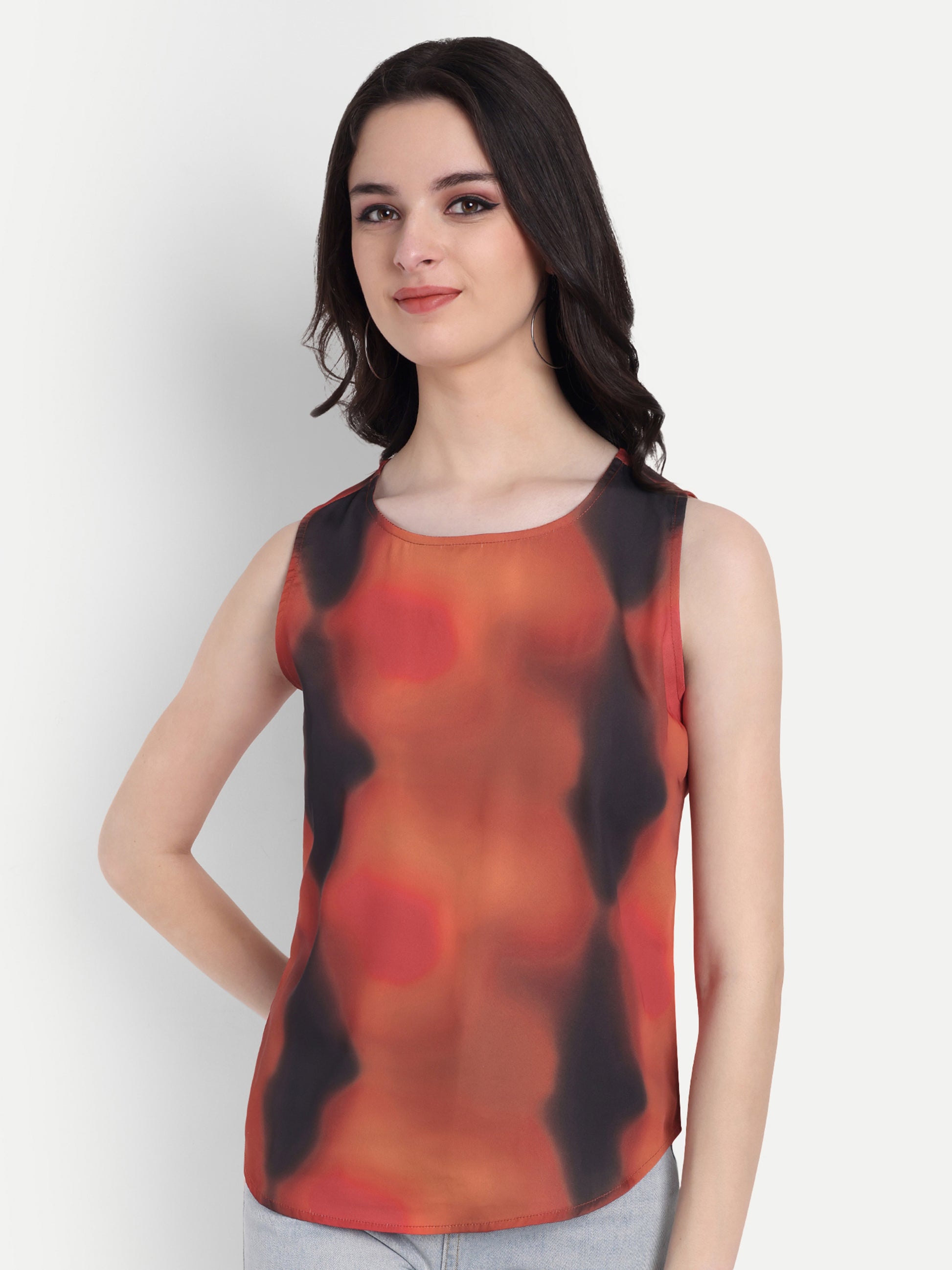 Women's Red Black Print Sleeveless Top | Round Neck | Lightweight Casual Summer Wear