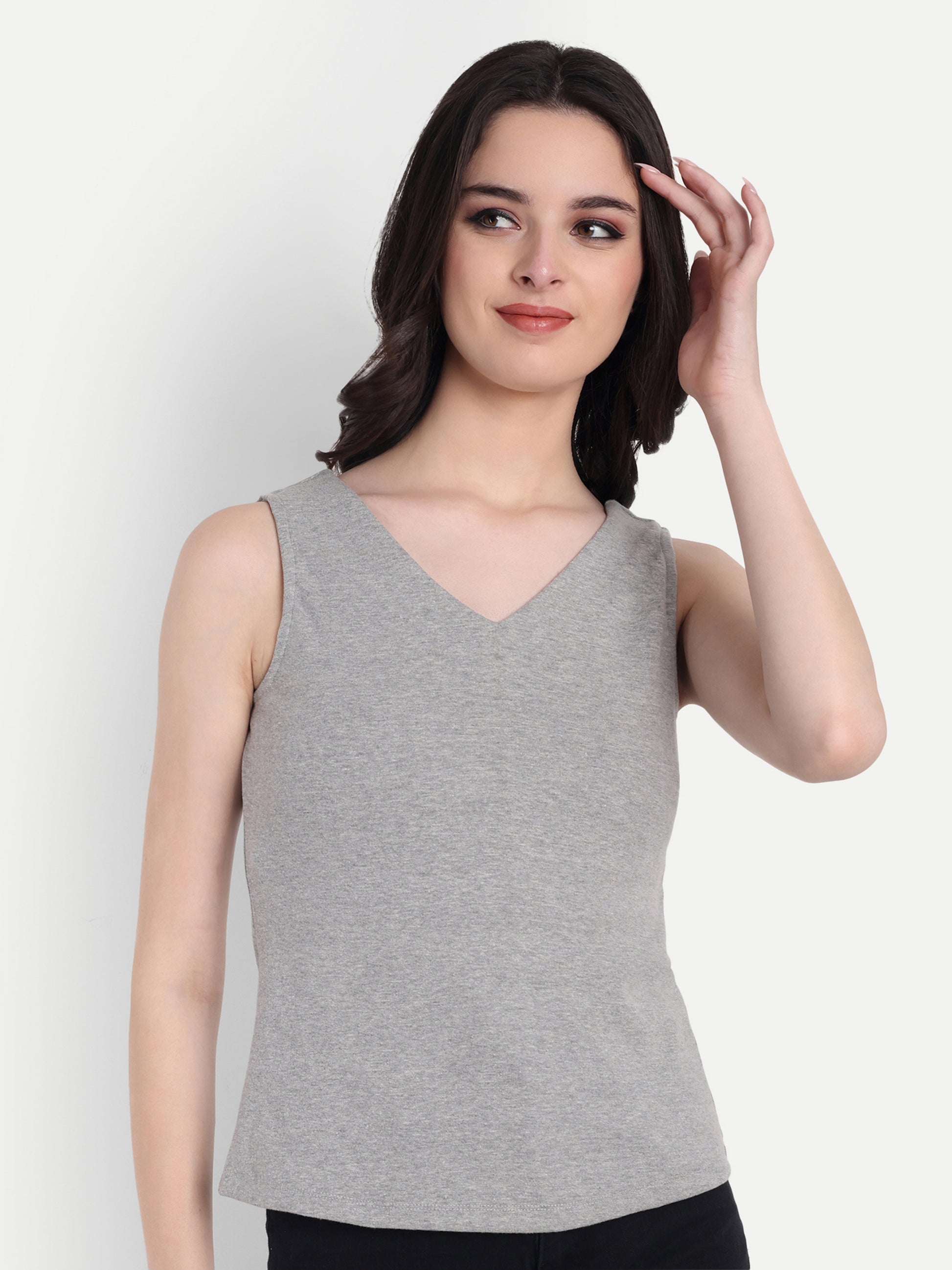 Women's Grey  V-Neck  Sleeveless Top | Casual & Party Wear