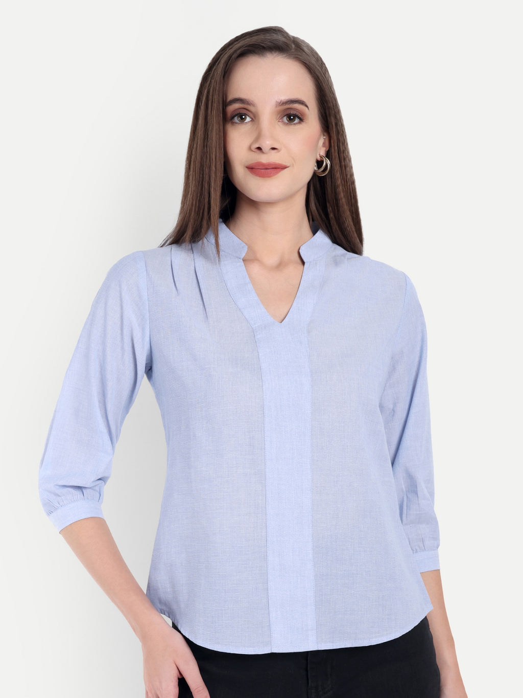 Women's Light Blue V-Neck 3/4 Sleeve Top | Lightweight Cotton Blend | Elegant Everyday Wear