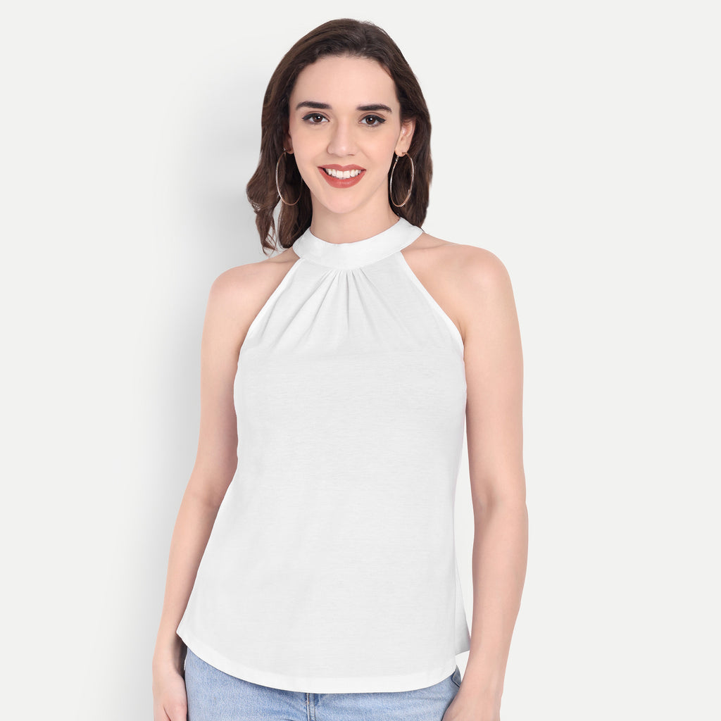 FairLeaf Women's white Top with Button-Down High Neckline| Sleeveless Elegant Summer Tunic for Casual, & Office Wear| Stylish White Tops for Women