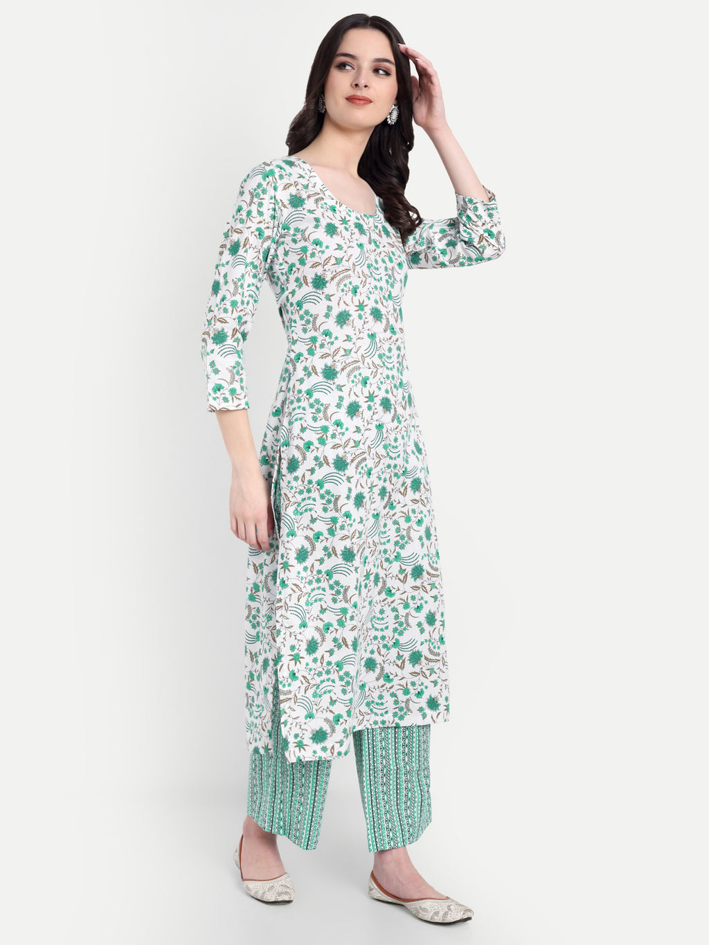 Women's White & Green Floral Printed Kurta with Straight Pants | Cotton Blend | Ethnic Wear