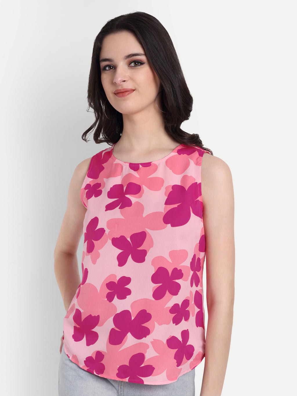 Women's Pink Floral Print Sleeveless Top | Round Neck | Lightweight Casual Summer Wear