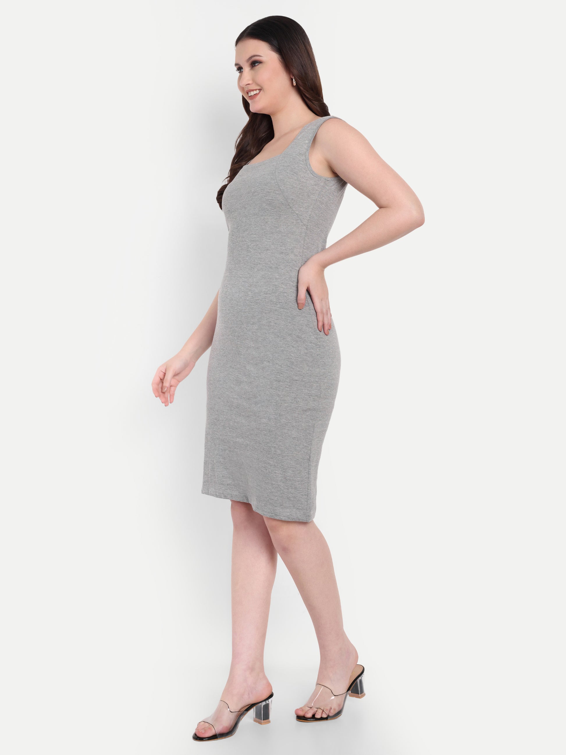 Women's Light Grey Sleeveless Bodycon Midi Dress | Square Neck | Casual & Party Wear