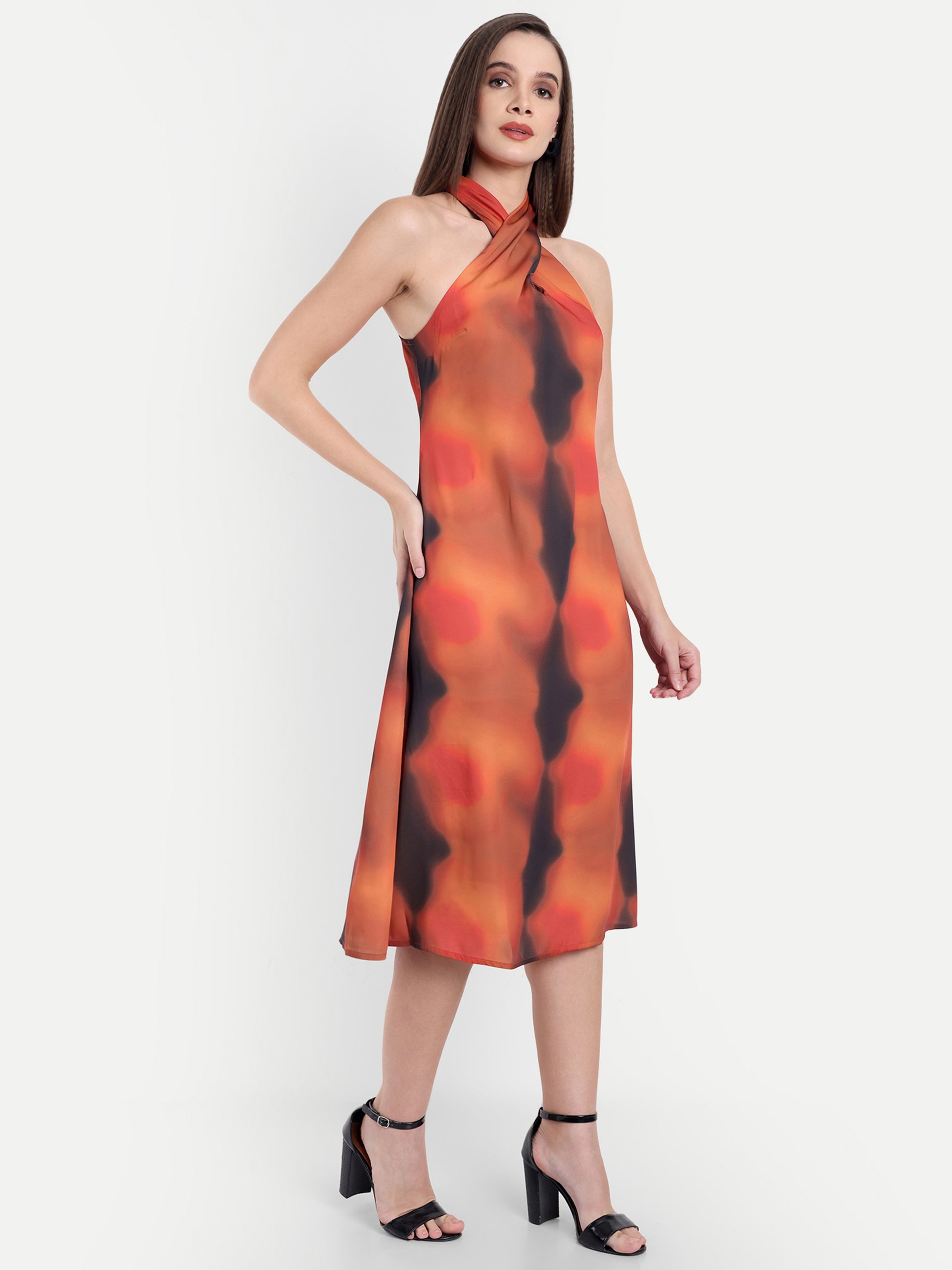 Women's red Black Halter Neck Midi Dress | Sleeveless Summer Dress