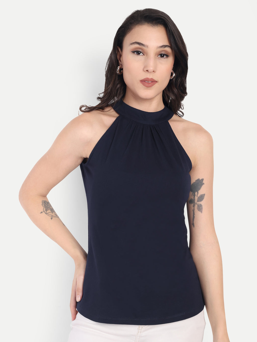 Women's Blue Halter Neck Sleeveless Top | Casual & Party Wear