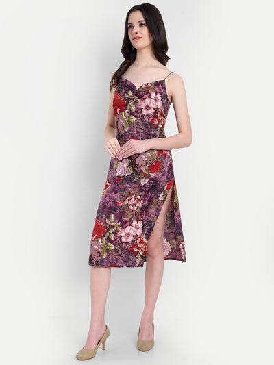 Women's Floral Print Slip Dress with Side Slit | Elegant Midi Dress for Party & Casual Wear