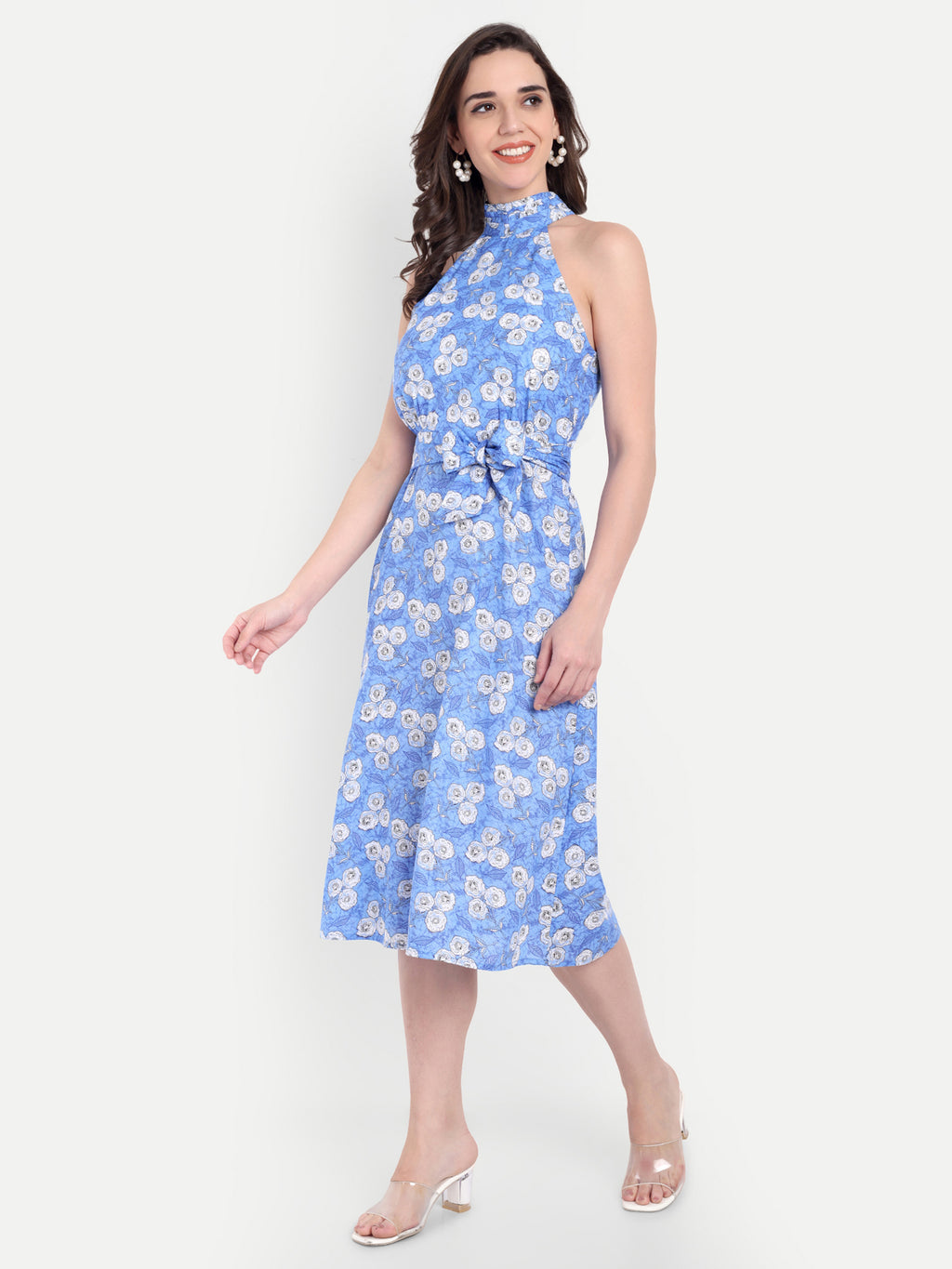 Women's blue & White Floral Halter Neck Midi Dress | Belted Waist | Resort & Summer Wear (Copy)