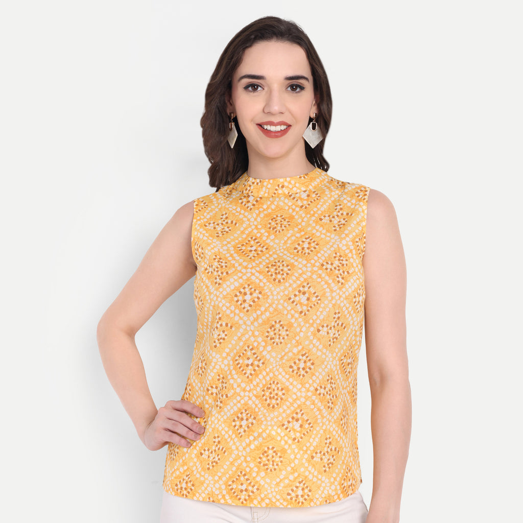 Women's Yellow Printed Sleeveless Top | High Neck | Lightweight & Stylish Summer Wear