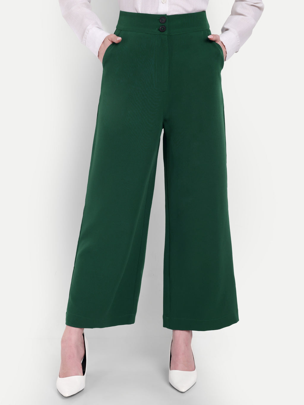 Women's Green Wide-Leg Trousers – High Waist | Formal & Casual Wear | Comfort Fit