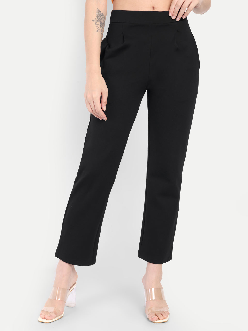Women's Black Slim-Fit Cigarette Pants – Mid-Rise | Formal & Casual Wear