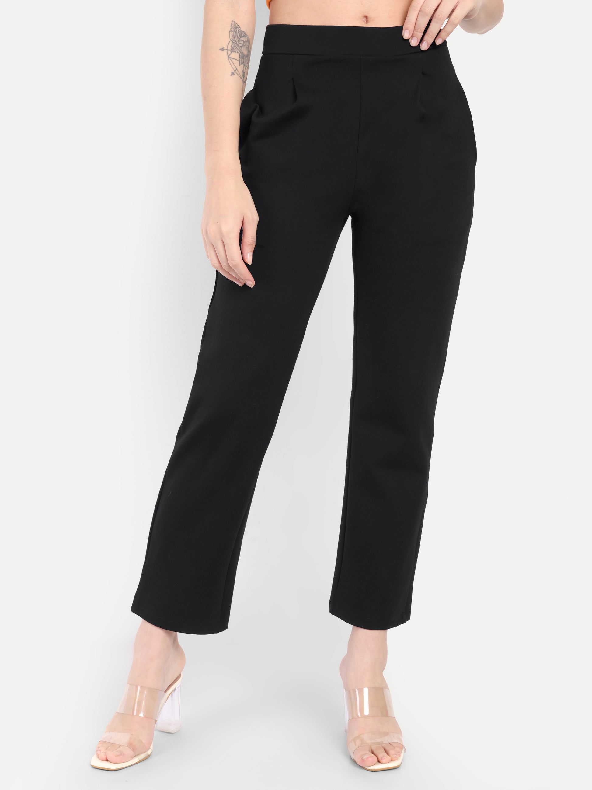 Women's Black Slim-Fit Cigarette Pants – Mid-Rise | Formal & Casual Wear