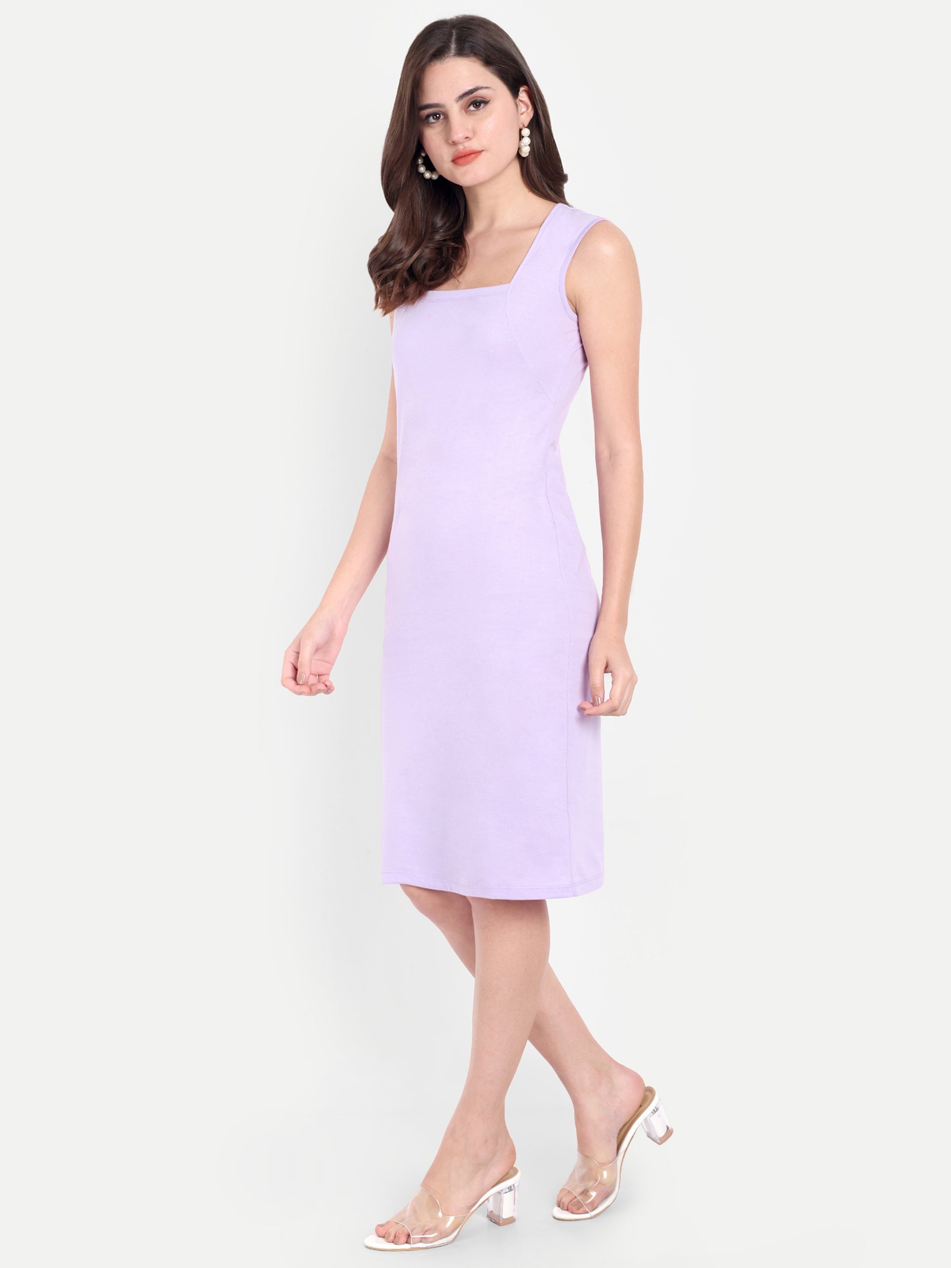 Women's Lavender  Sleeveless Bodycon Midi Dress | Square Neck | Casual & Party Wear