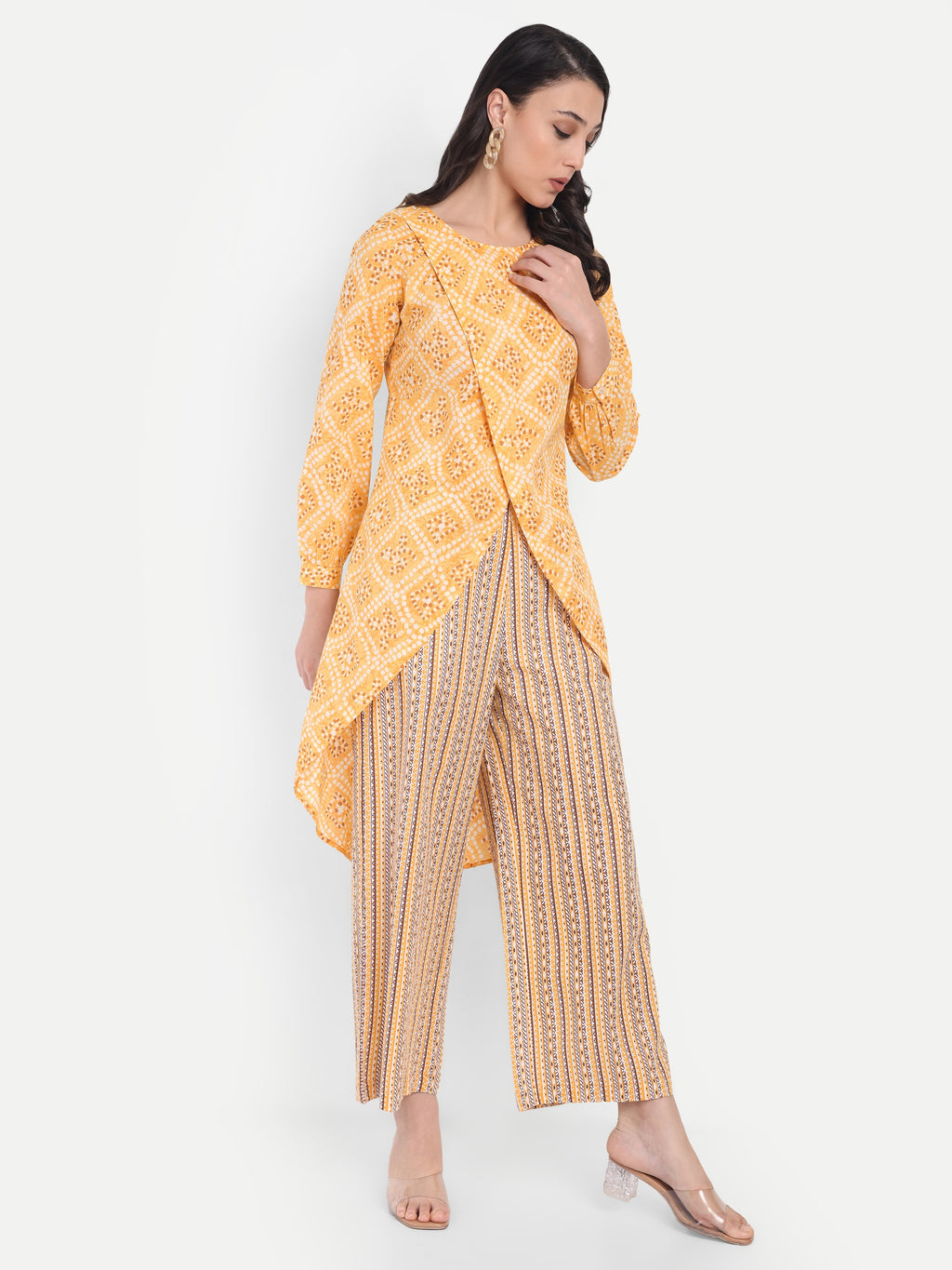 Women's Yellow Printed Ethnic Co-ord Set | Asymmetrical Long Kurta with Wide-Leg Pants