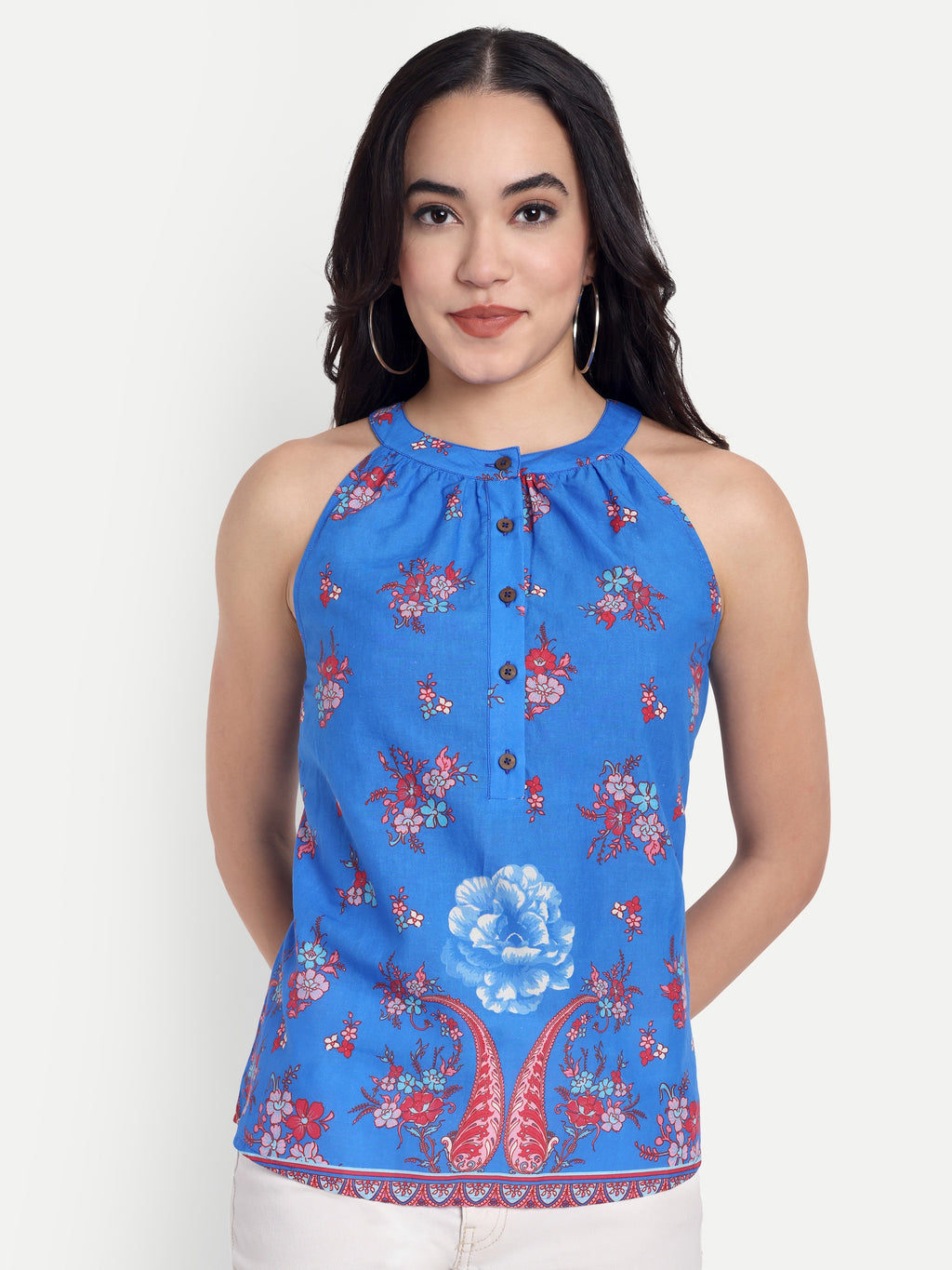 FairLeaf Women's Halter Neck Floral Print Top | Sleeveless Elegant Summer Blue Floral Tunic for Casual, & Office Wear