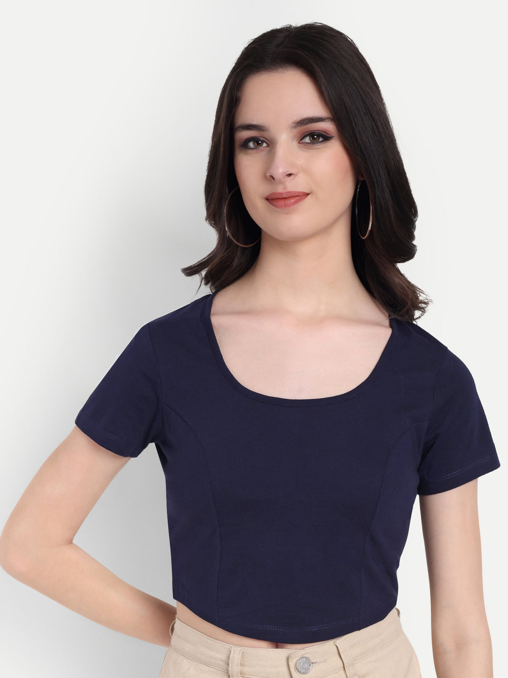 Women's Black Blue Crop Top with Scoop Neck & Short Sleeves