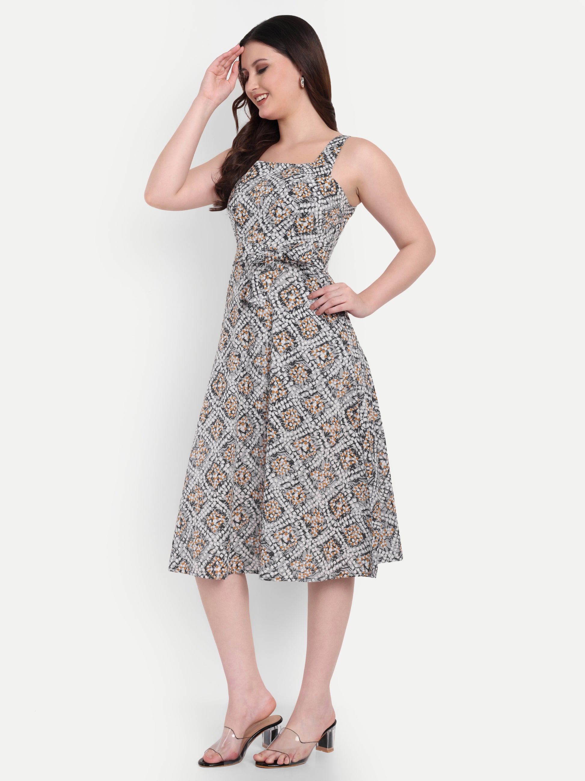 Women's Grey & White Floral Halter Neck Top with Waist Tie | Sleeveless Casual Wear