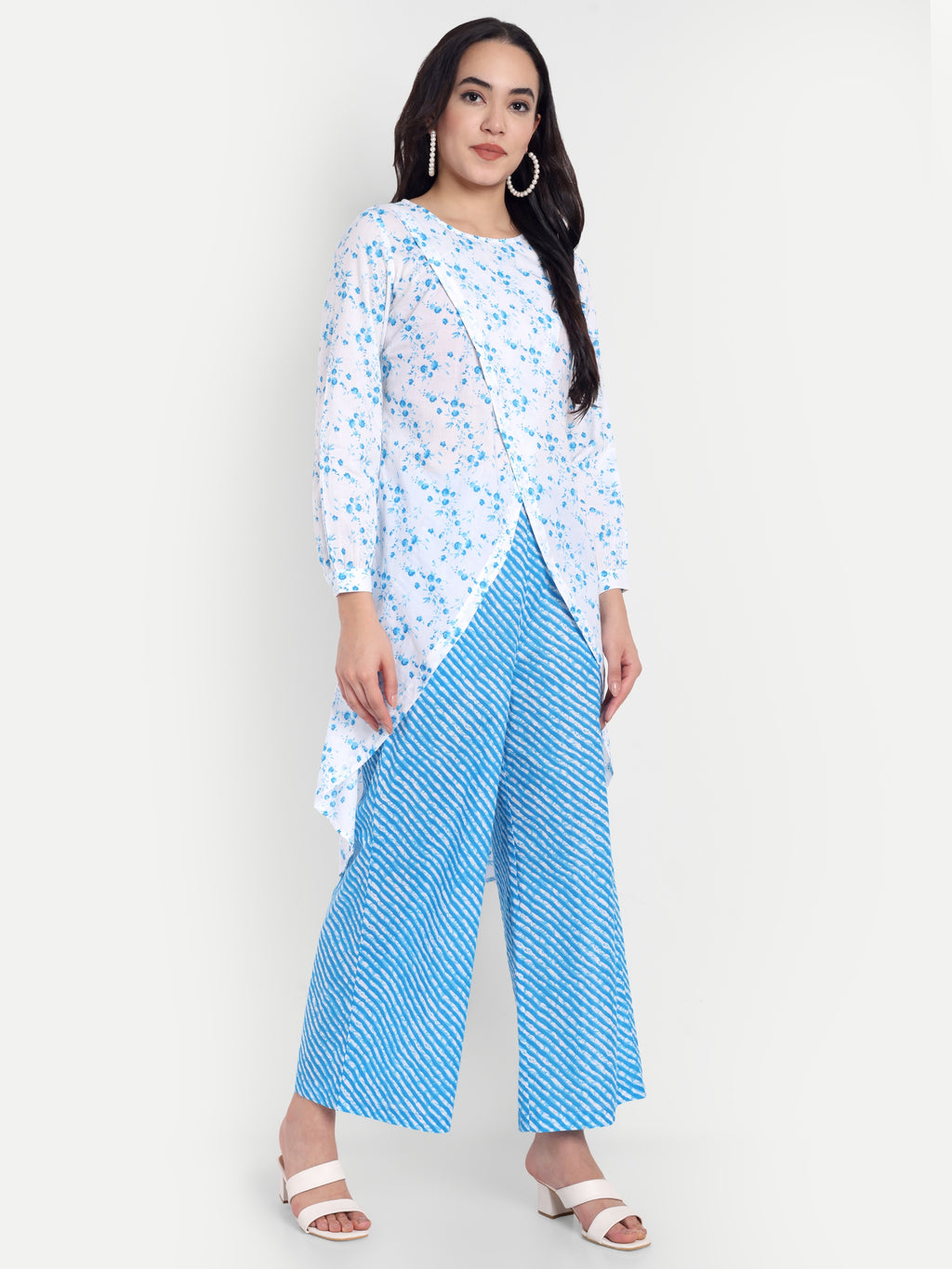 Women's Blue Printed Ethnic Co-ord Set | Asymmetrical Long Kurta with Wide-Leg Pants
