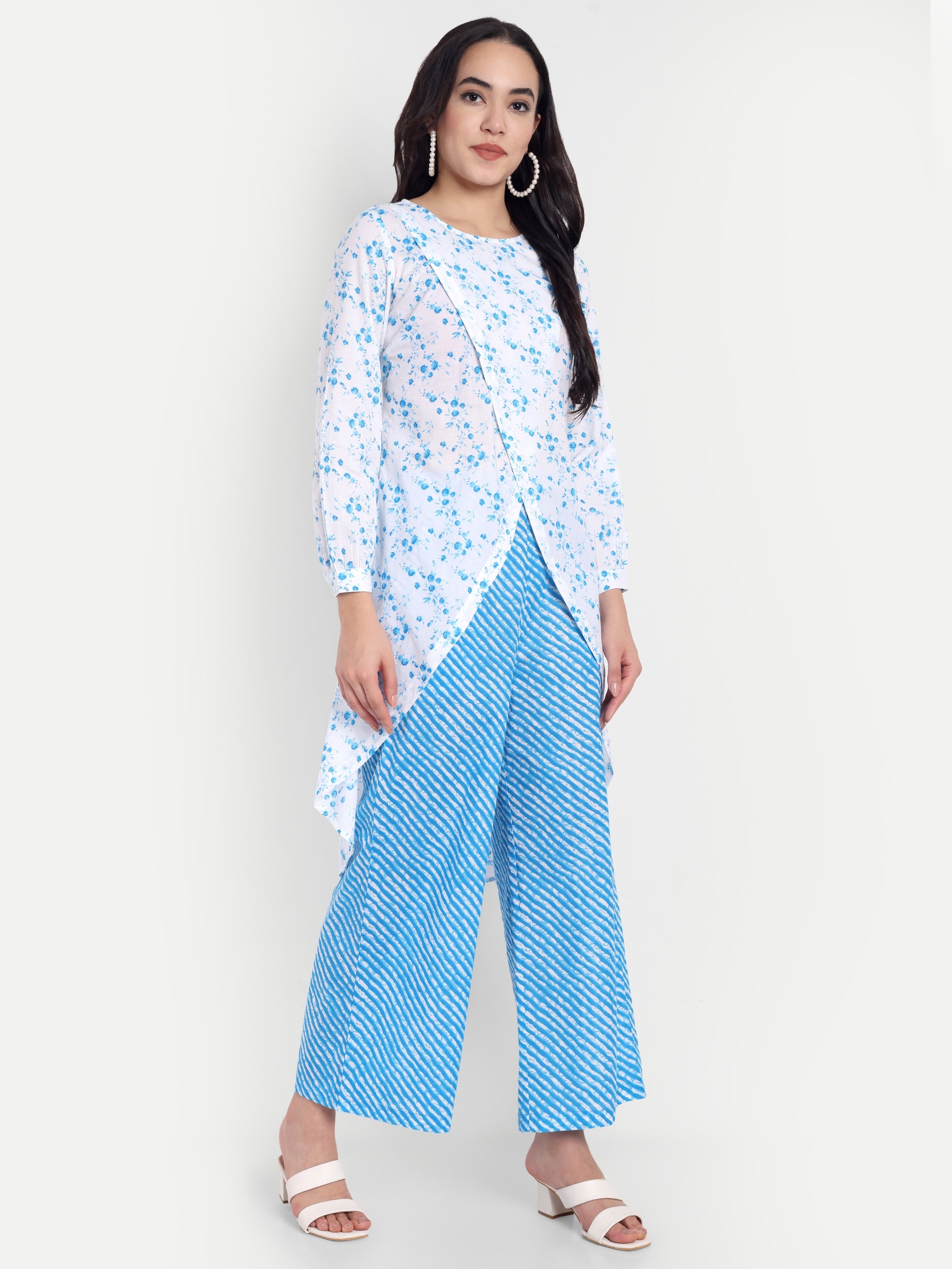 Women's Blue Printed Ethnic Co-ord Set | Asymmetrical Long Kurta with Wide-Leg Pants
