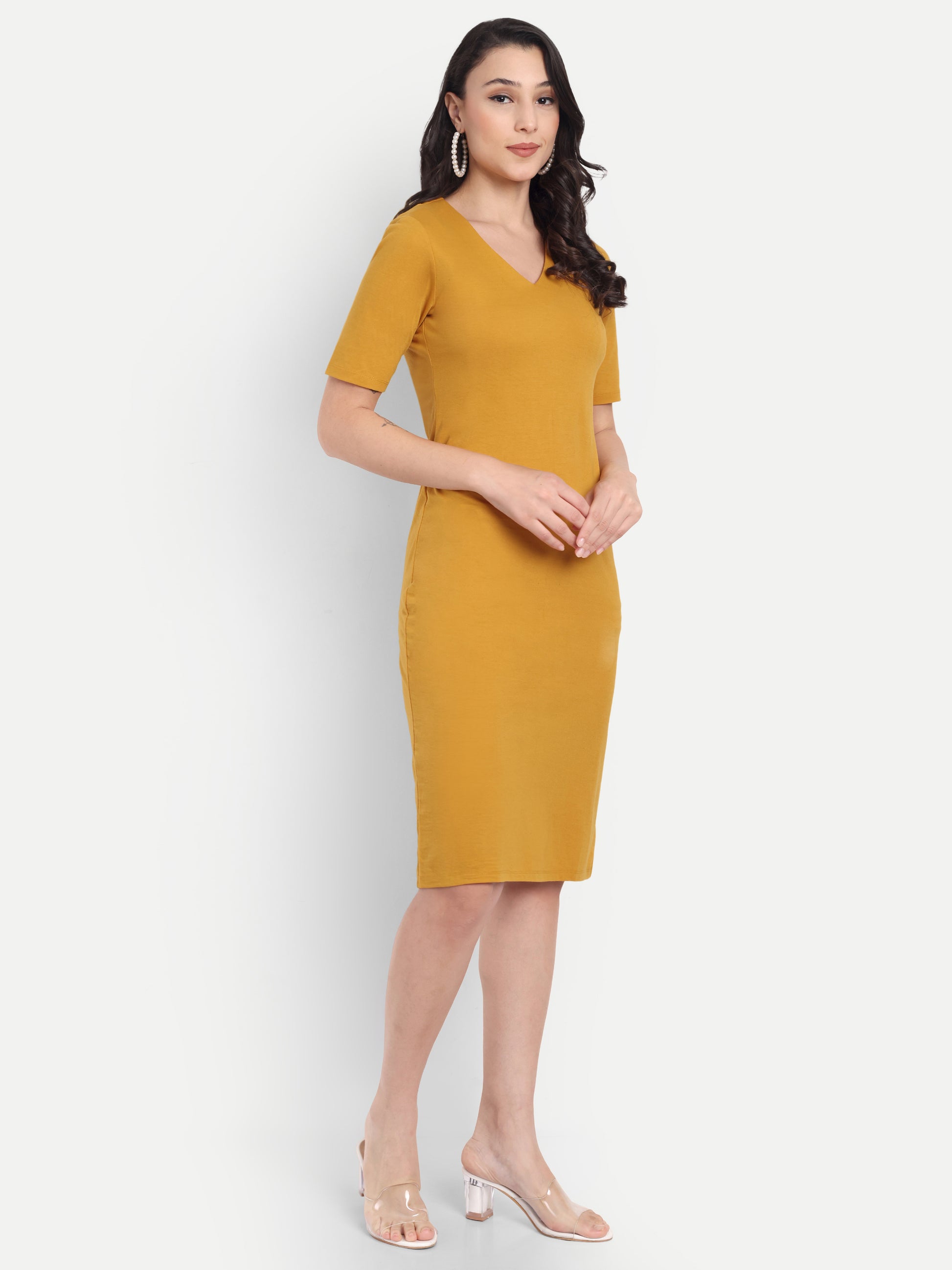 Women's Mustard Yellow Bodycon Midi Dress | V-Neck | Half Sleeve | Casual & Office Wear