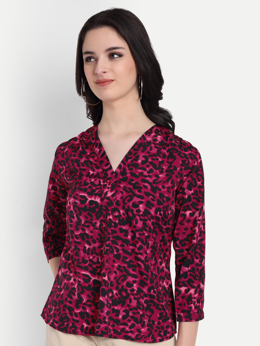 Women's Magenta & Black Animal Print V-Neck Top | 3/4 Sleeves | Stylish Casual & Party Wear