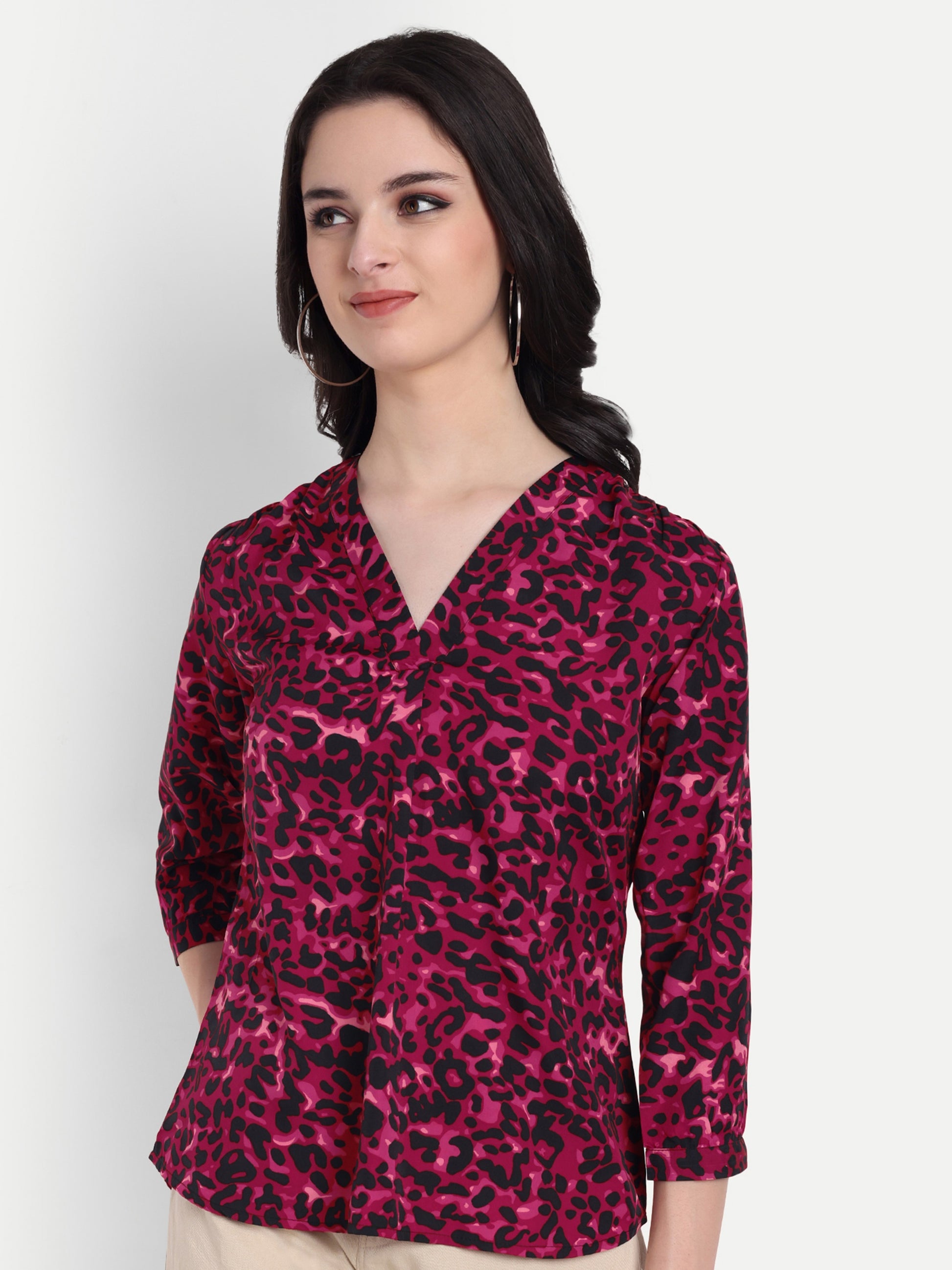 Women's Magenta & Black Animal Print V-Neck Top | 3/4 Sleeves | Stylish Casual & Party Wear