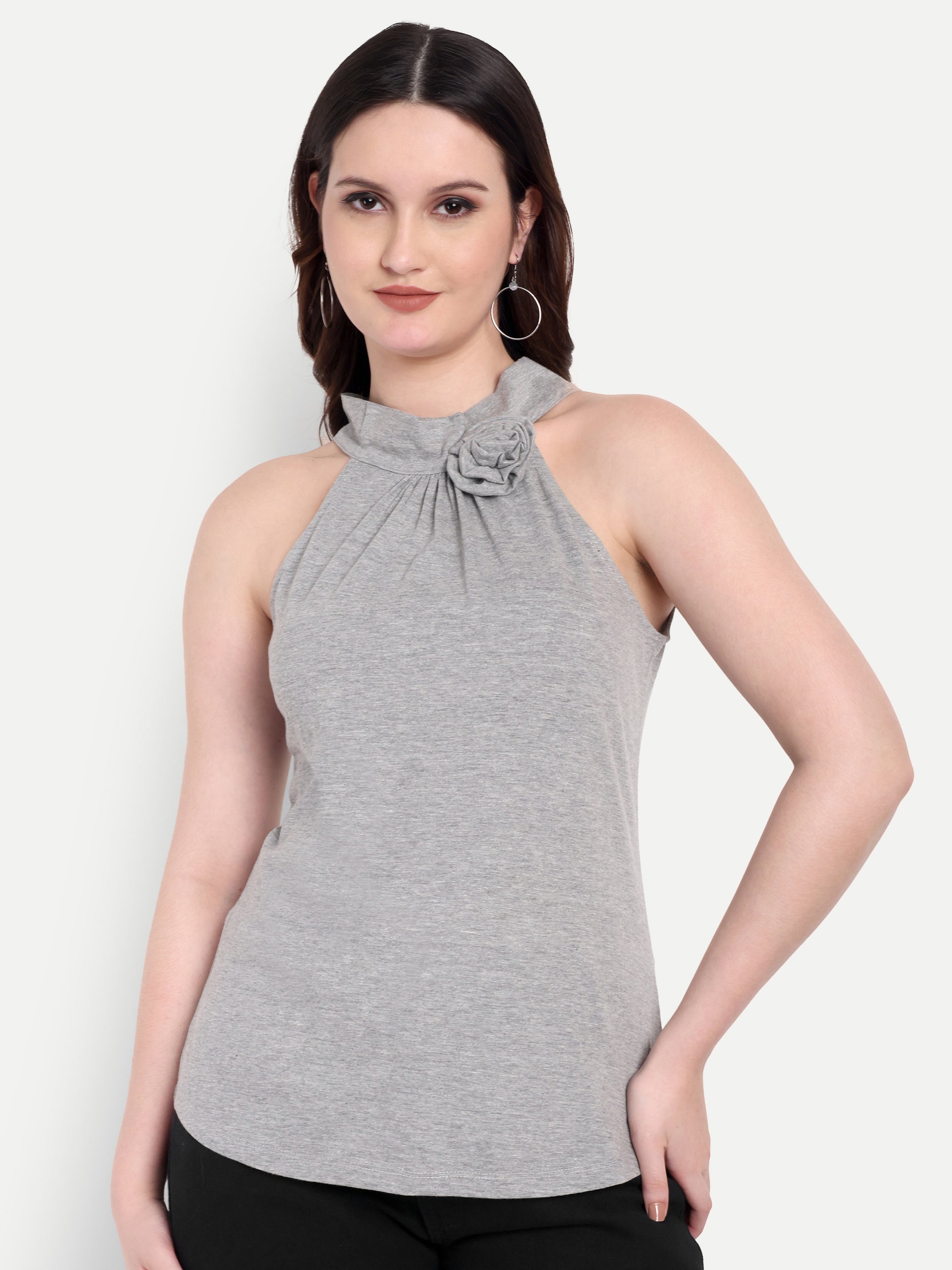 Women's Grey Floral Halter Neck Sleeveless Top | Casual & Party Wear