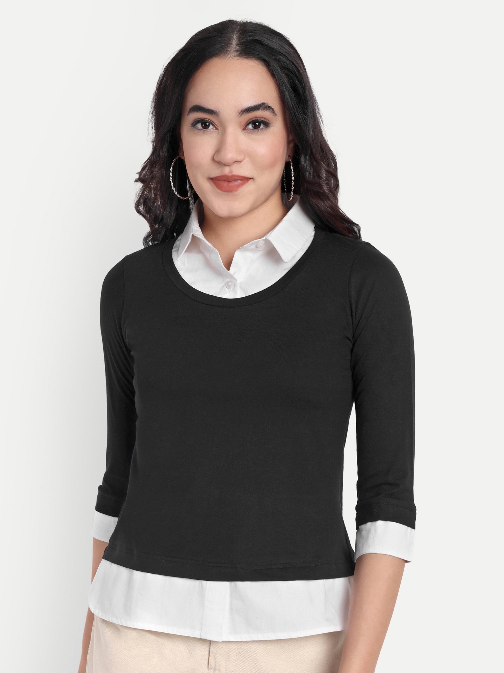 Women's Black Layered Look Top with white Shirt Collar & 3/4 Sleeves