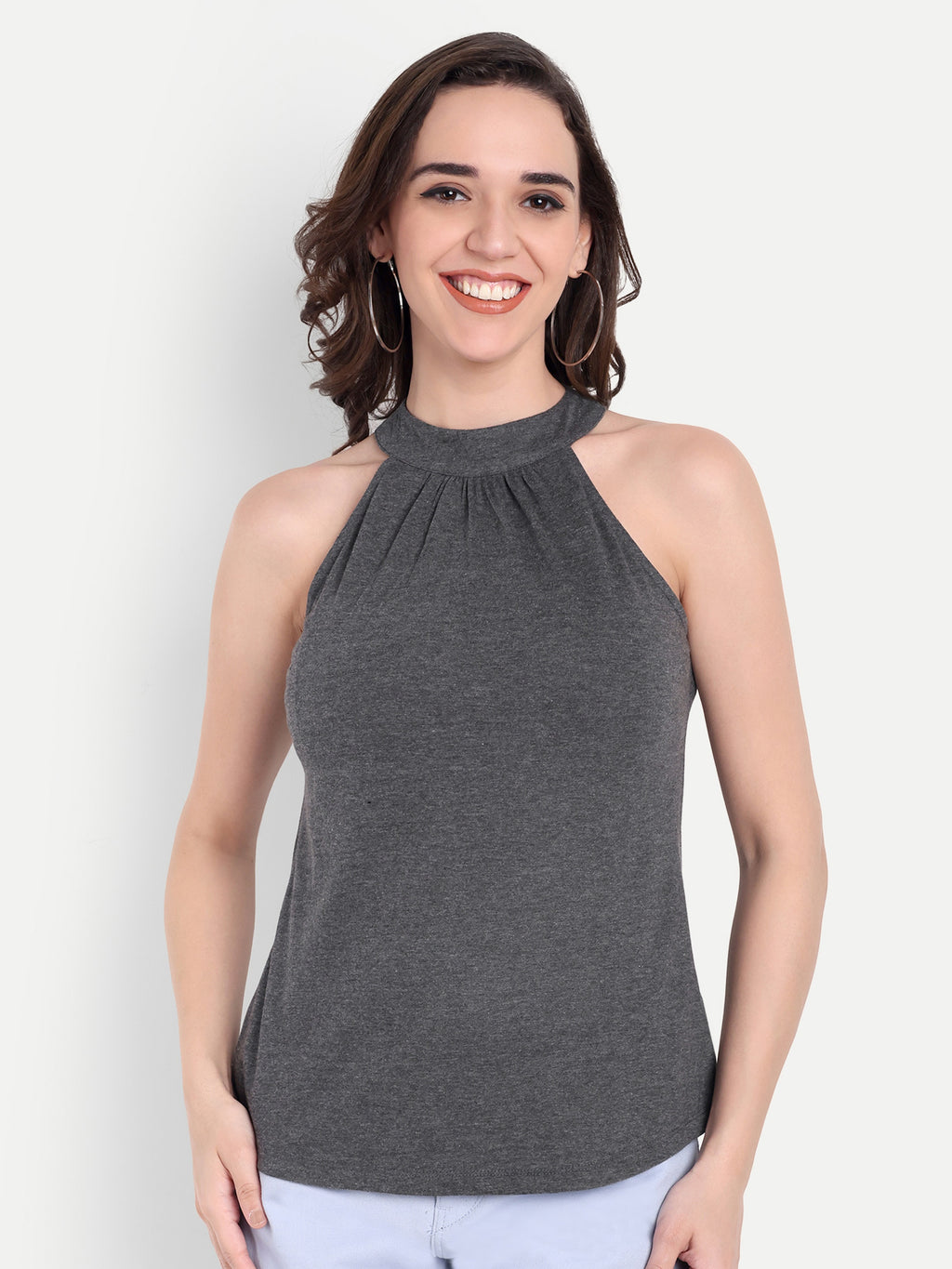 Women's Charcoal Grey Halter Neck Sleeveless Top | Casual & Party Wear