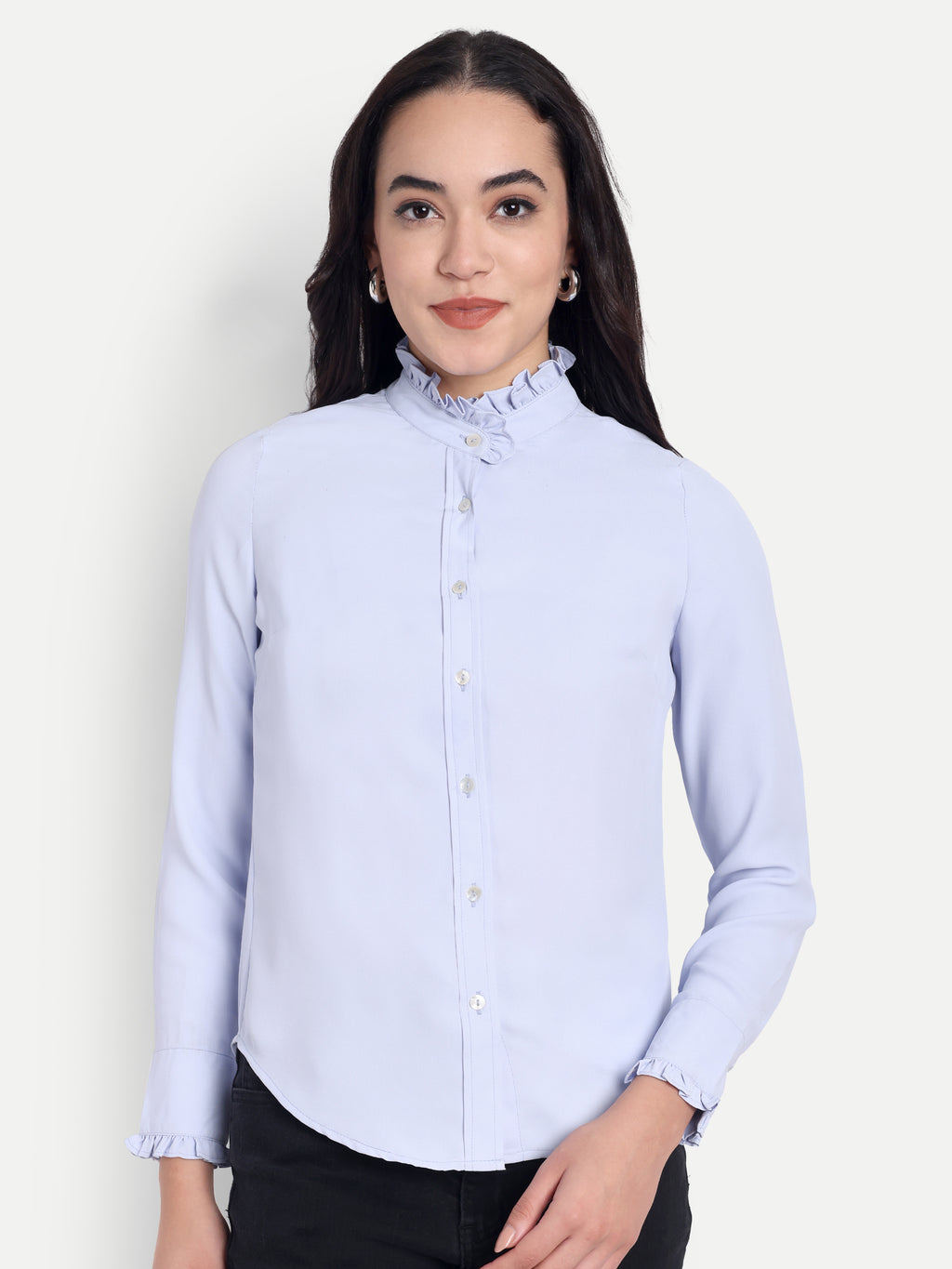 Women's Light Blue Ruffle Collar Shirt | Elegant Formal & Casual Top with Long Sleeves