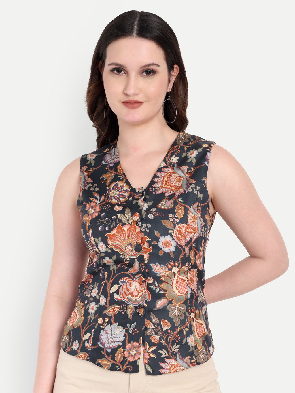 FairLeaf Women's V-Neck Sleeveless Waist Top – |100% Pure Cotton|Lightweight Relaxed Fit with Abstract Paisley Print – Stylish Casual for Women