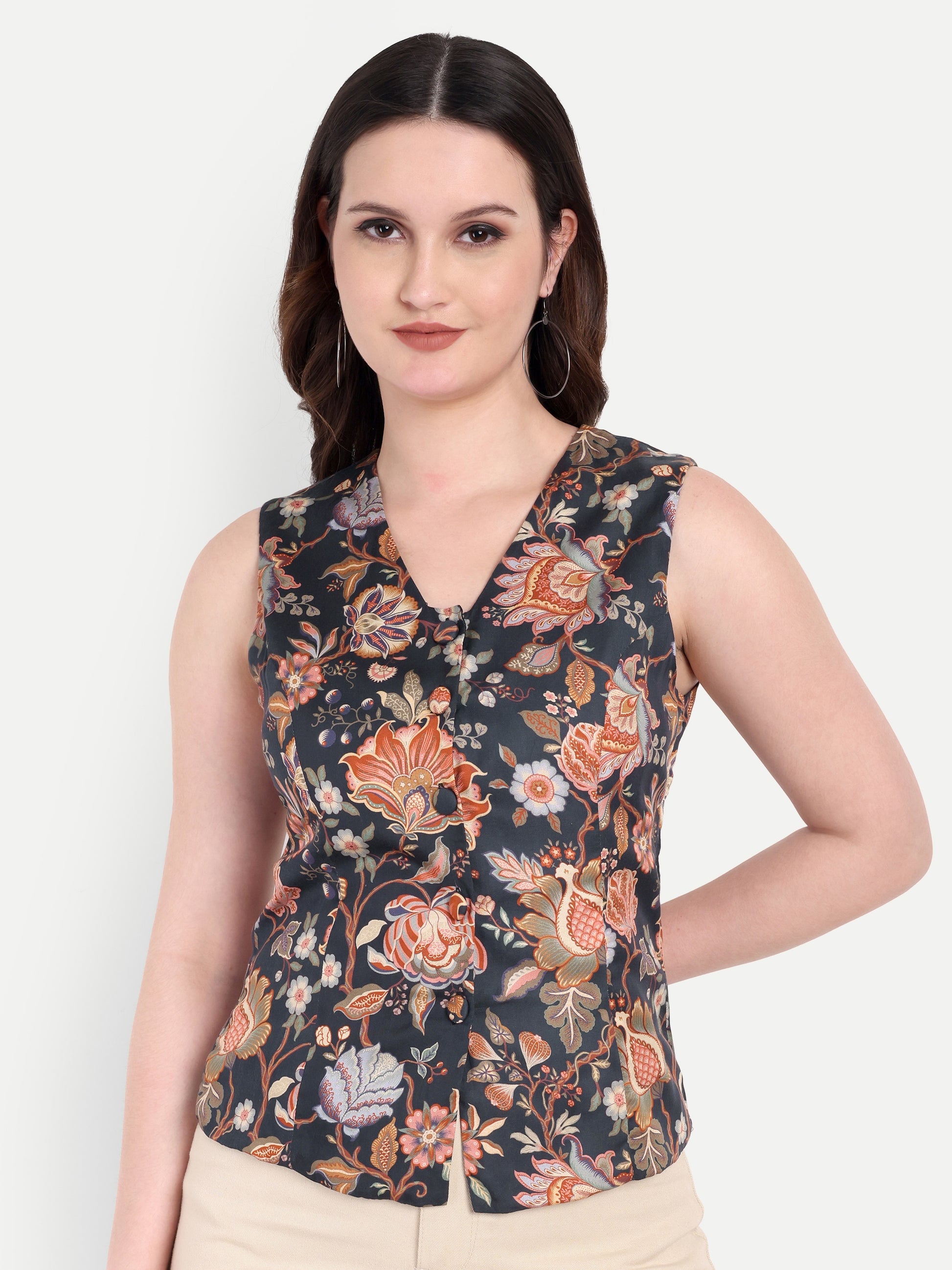 FairLeaf Women's V-Neck Sleeveless Waist Top – |100% Pure Cotton|Lightweight Relaxed Fit with Abstract Paisley Print – Stylish Casual for Women