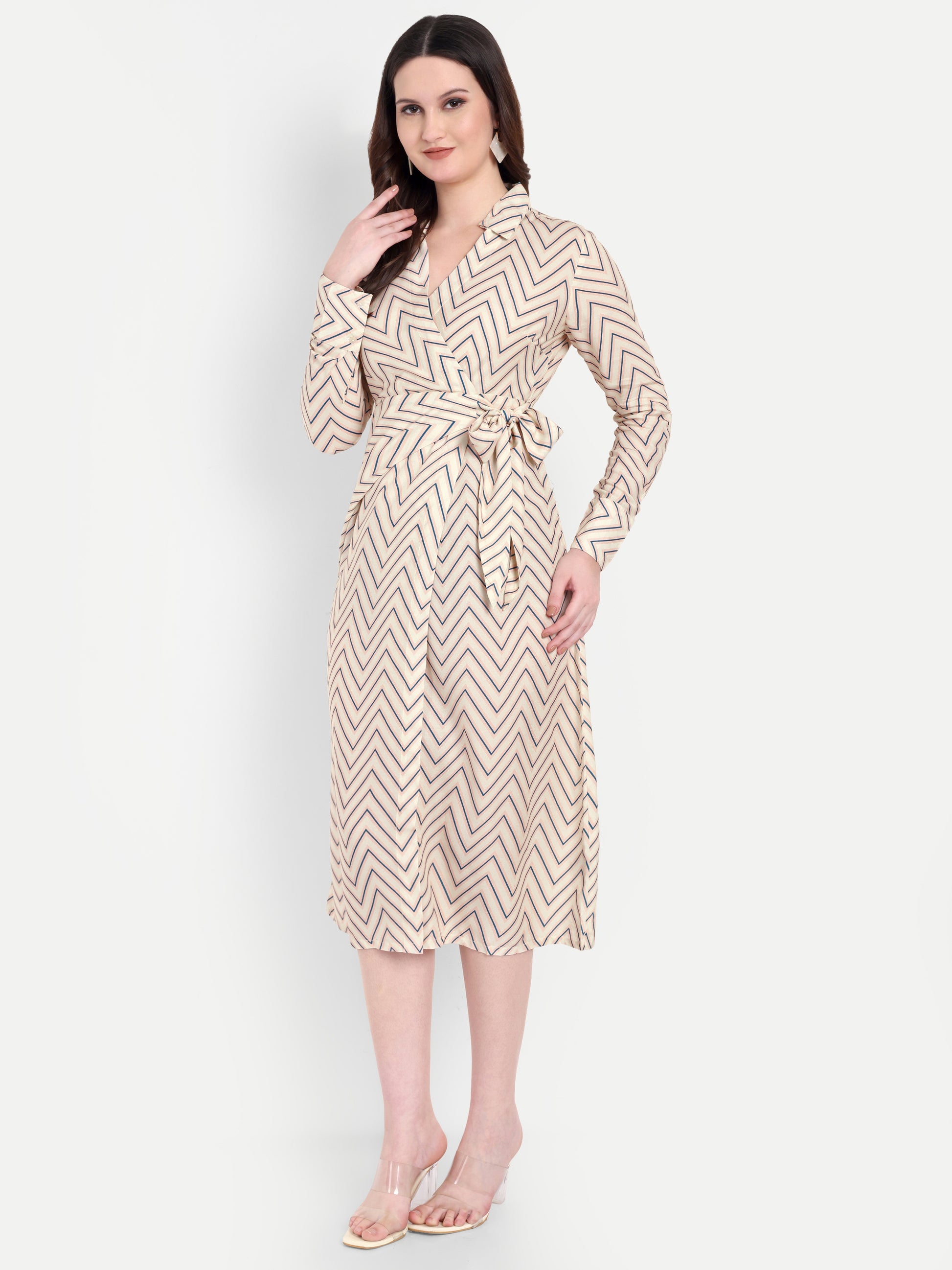 Women's Beige Chevron Print Wrap Midi Dress | Long Sleeve | Belt Tie Waist