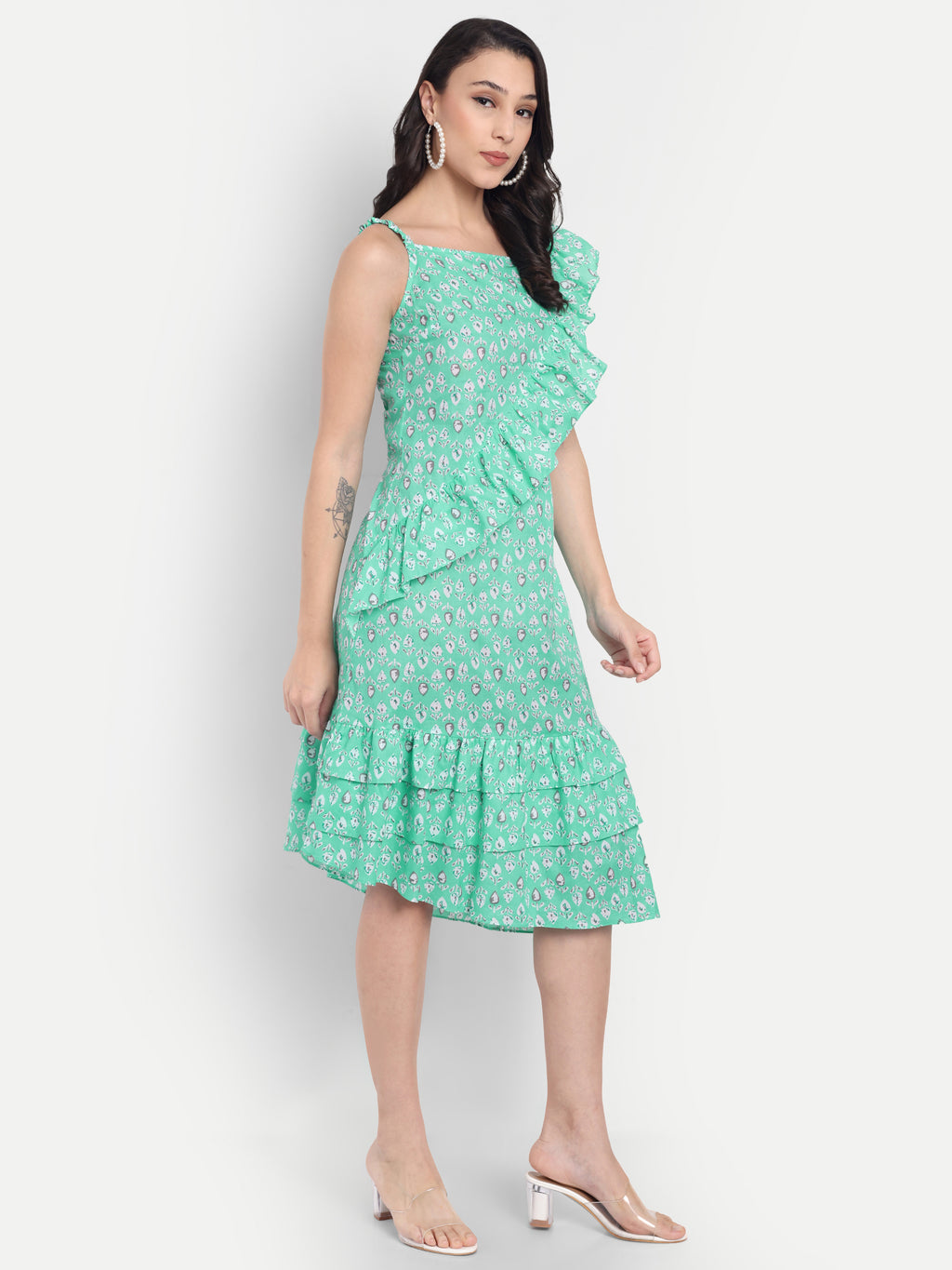 Women's Green Printed One-Shoulder Ruffle Dress | Sleeveless | Stylish Summer & Party Wear