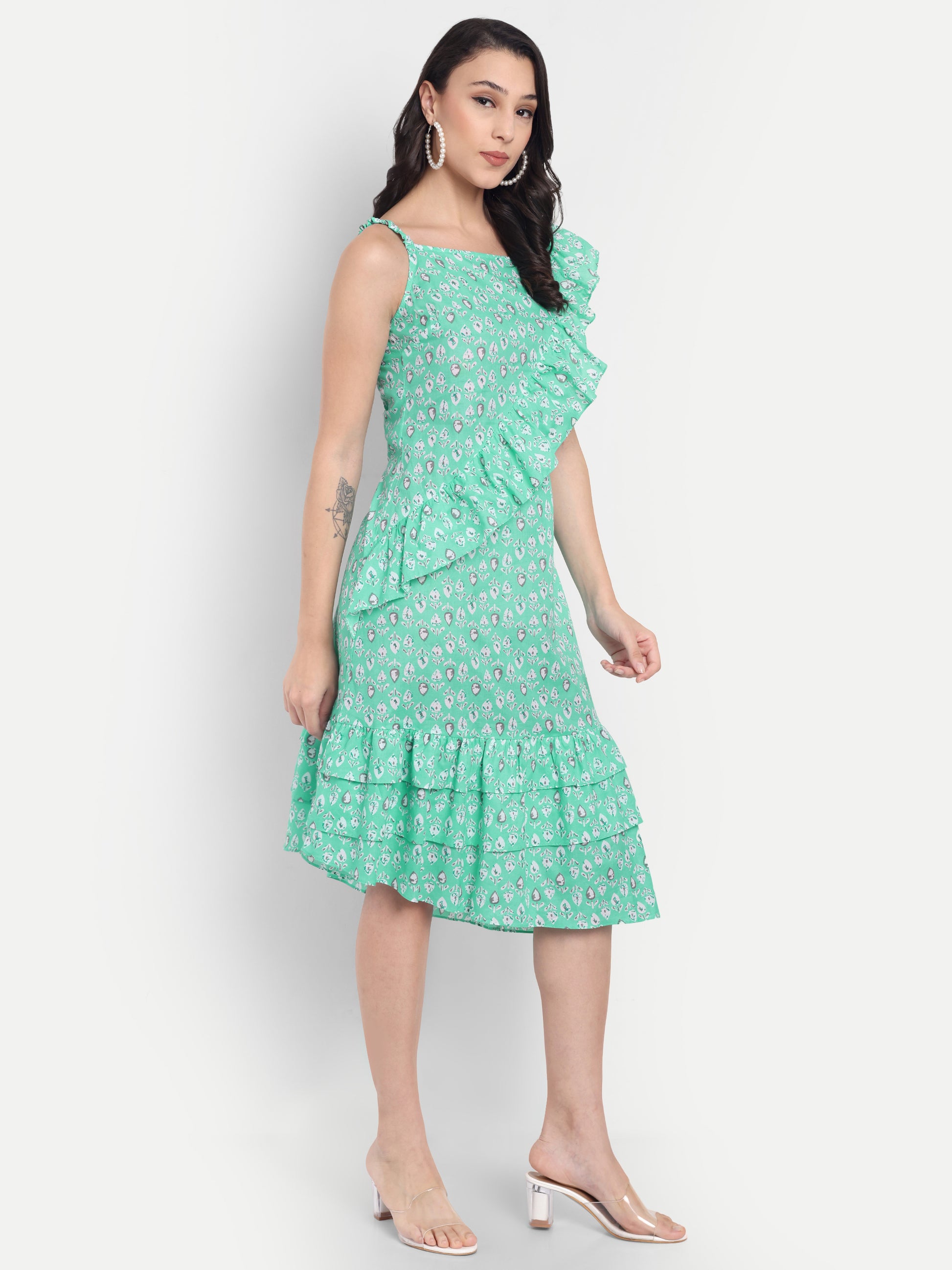 Women's Green Printed One-Shoulder Ruffle Dress | Sleeveless | Stylish Summer & Party Wear
